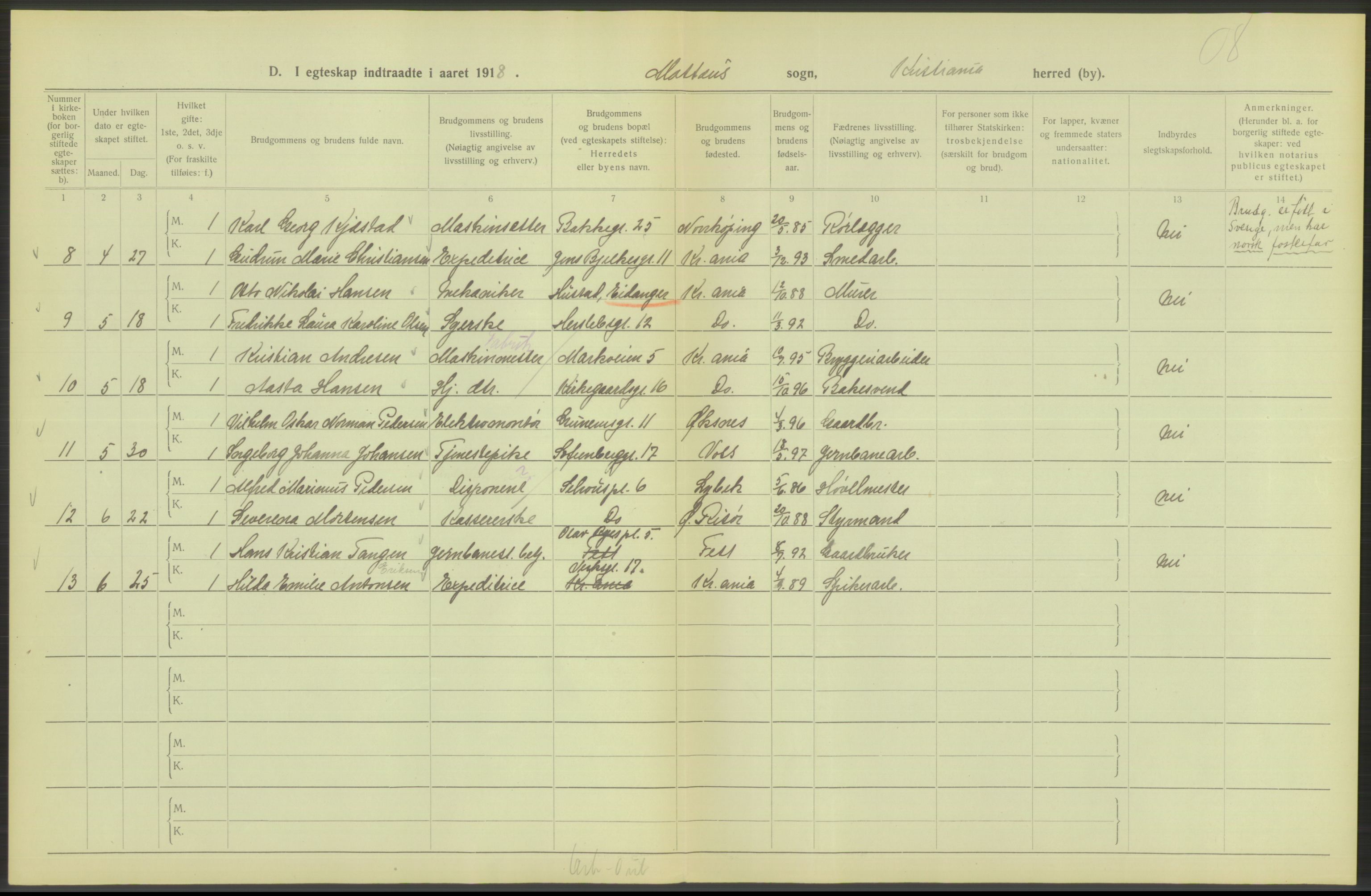 Statistisk sentralbyrå, Sosiodemografiske emner, Befolkning, RA/S-2228/D/Df/Dfb/Dfbh/L0009: Kristiania: Gifte, 1918, s. 528