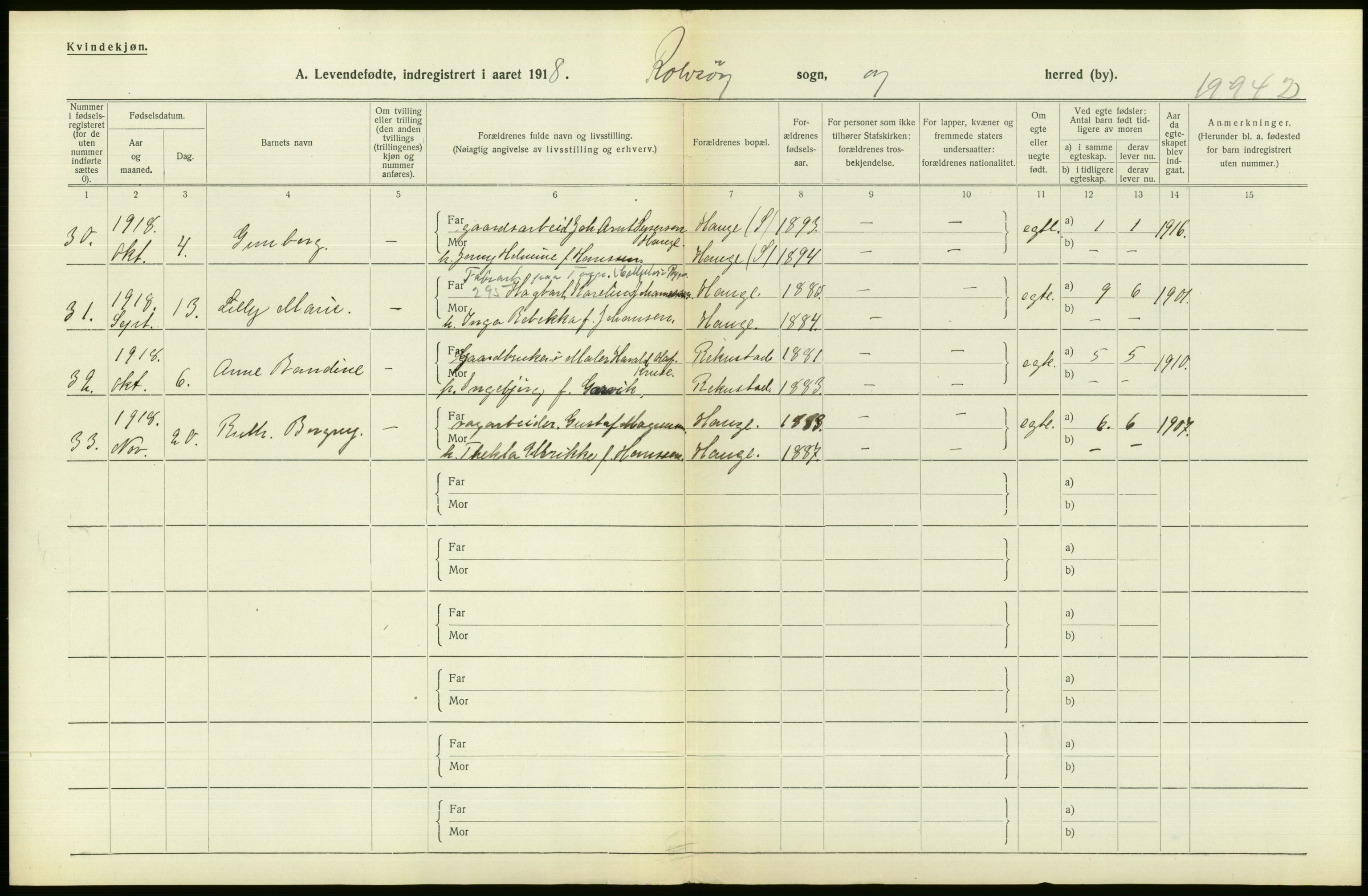 Statistisk sentralbyrå, Sosiodemografiske emner, Befolkning, RA/S-2228/D/Df/Dfb/Dfbh/L0001: Østfold fylke: Levendefødte menn og kvinner. Bygder., 1918, s. 538