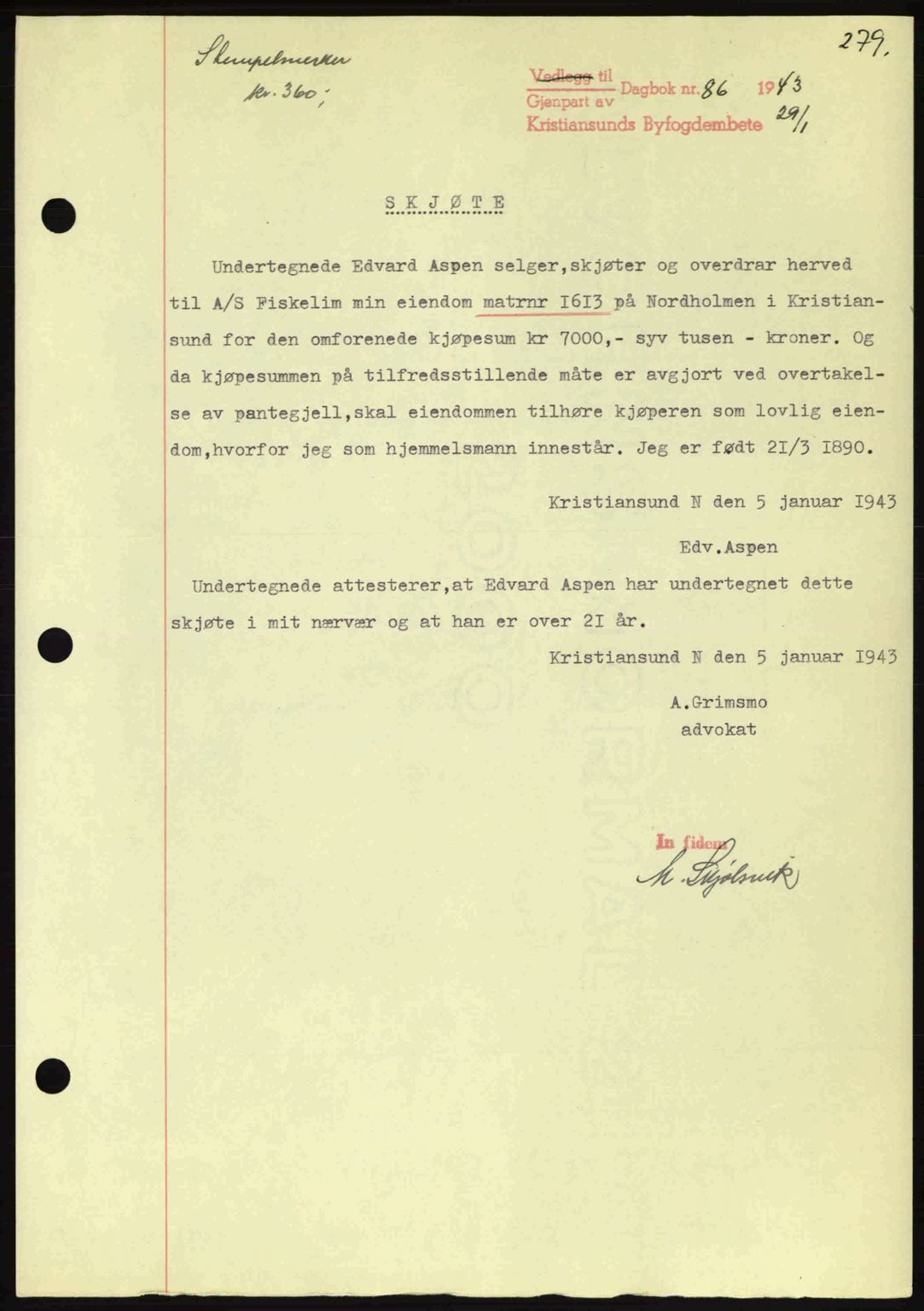 Kristiansund byfogd, AV/SAT-A-4587/A/27: Pantebok nr. 34, 1941-1945, Dagboknr: 86/1943