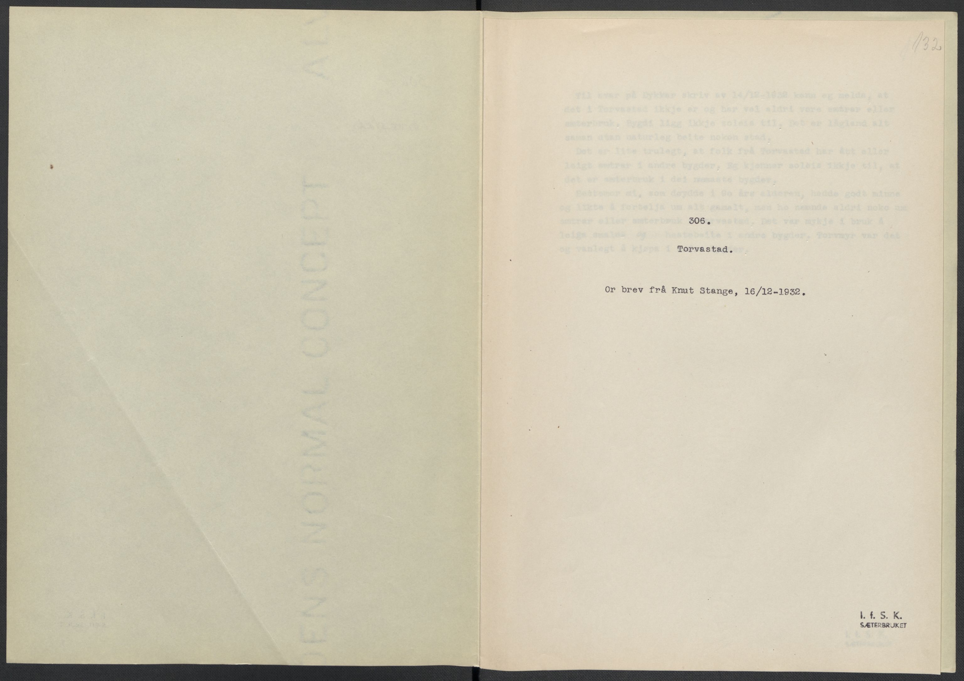 Instituttet for sammenlignende kulturforskning, RA/PA-0424/F/Fc/L0009/0002: Eske B9: / Rogaland (perm XXIII), 1932-1938, s. 132