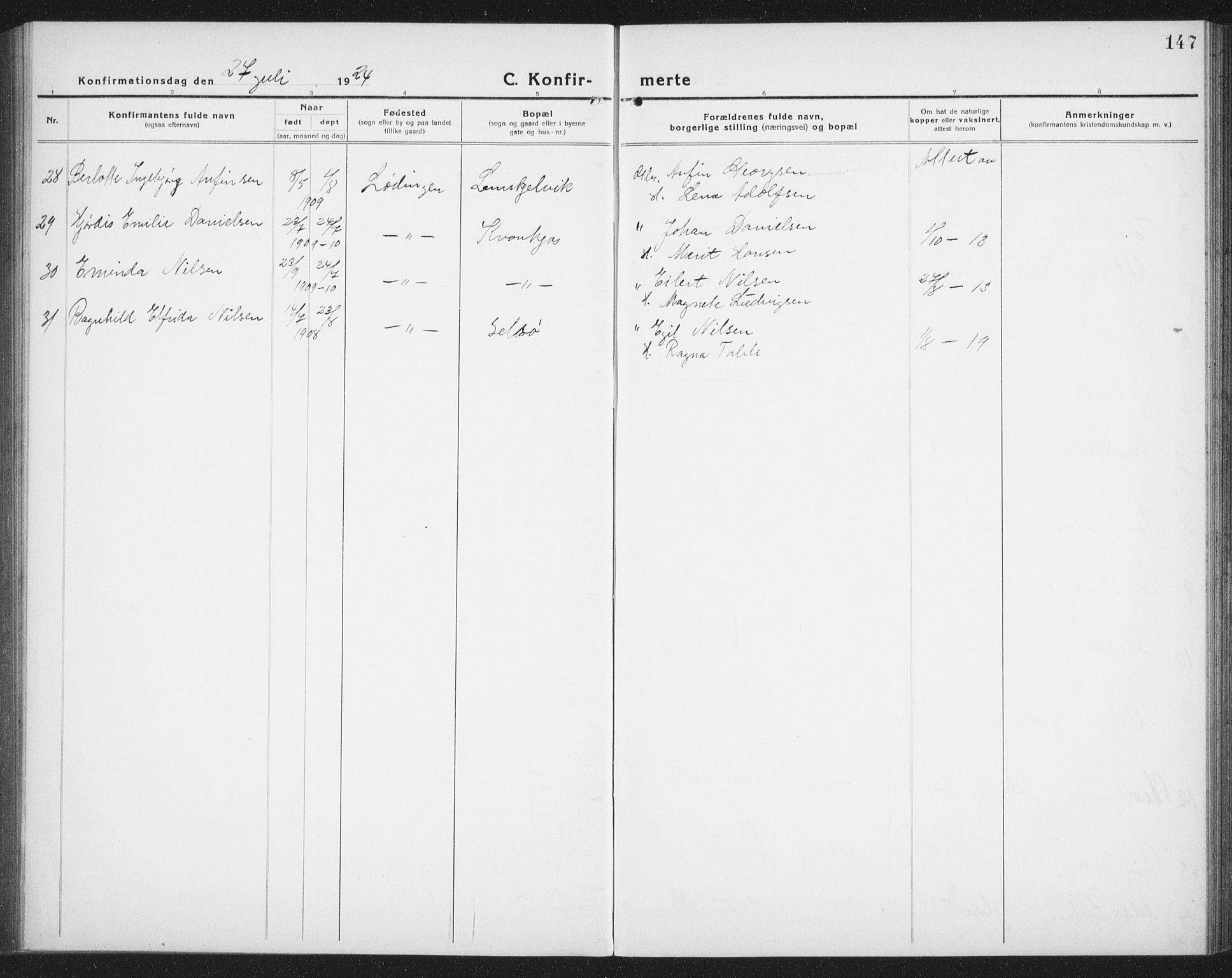 Ministerialprotokoller, klokkerbøker og fødselsregistre - Nordland, AV/SAT-A-1459/872/L1049: Klokkerbok nr. 872C05, 1920-1938, s. 147