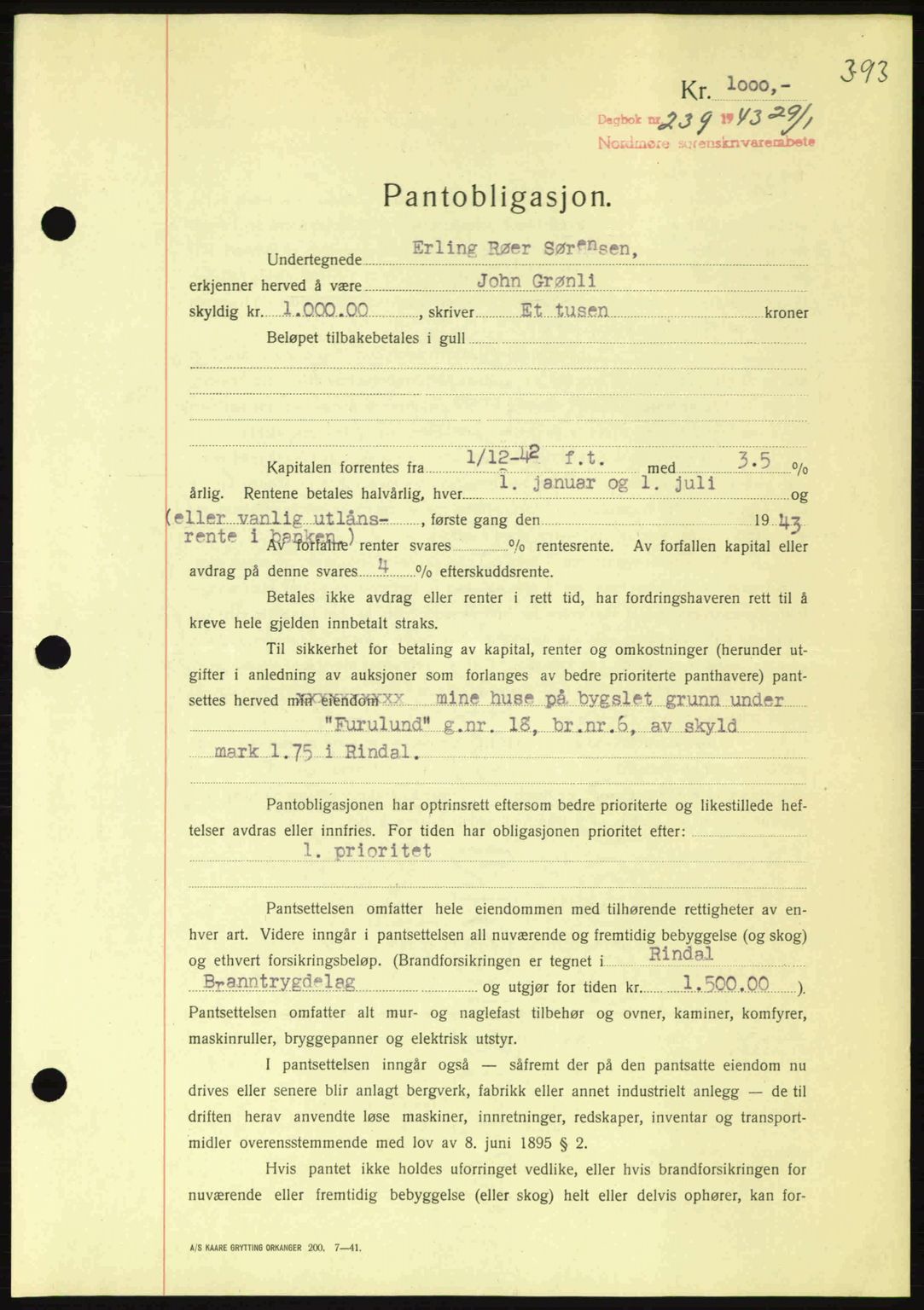 Nordmøre sorenskriveri, SAT/A-4132/1/2/2Ca: Pantebok nr. B90, 1942-1943, Dagboknr: 239/1943