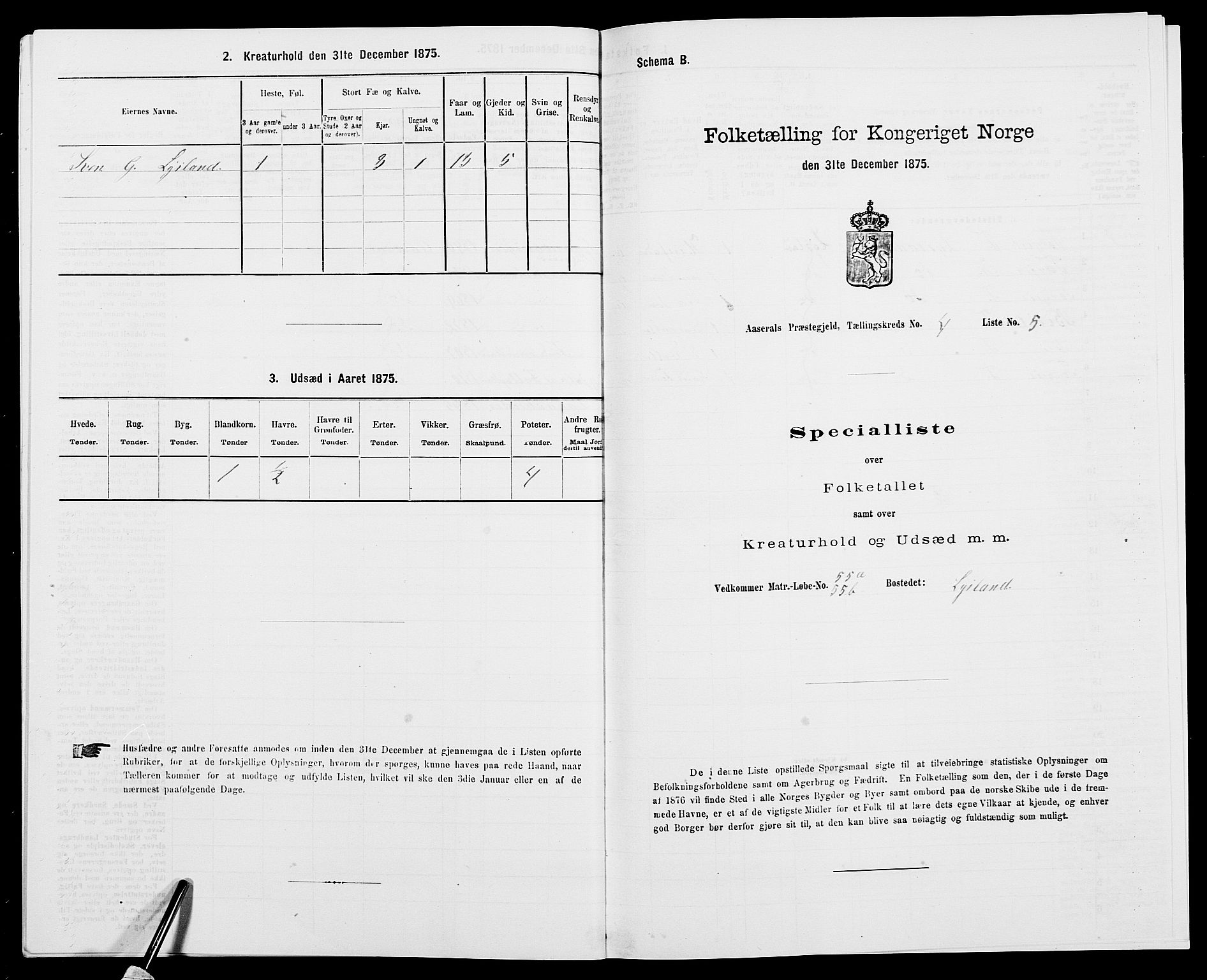 SAK, Folketelling 1875 for 0980P Åseral prestegjeld, 1875, s. 289