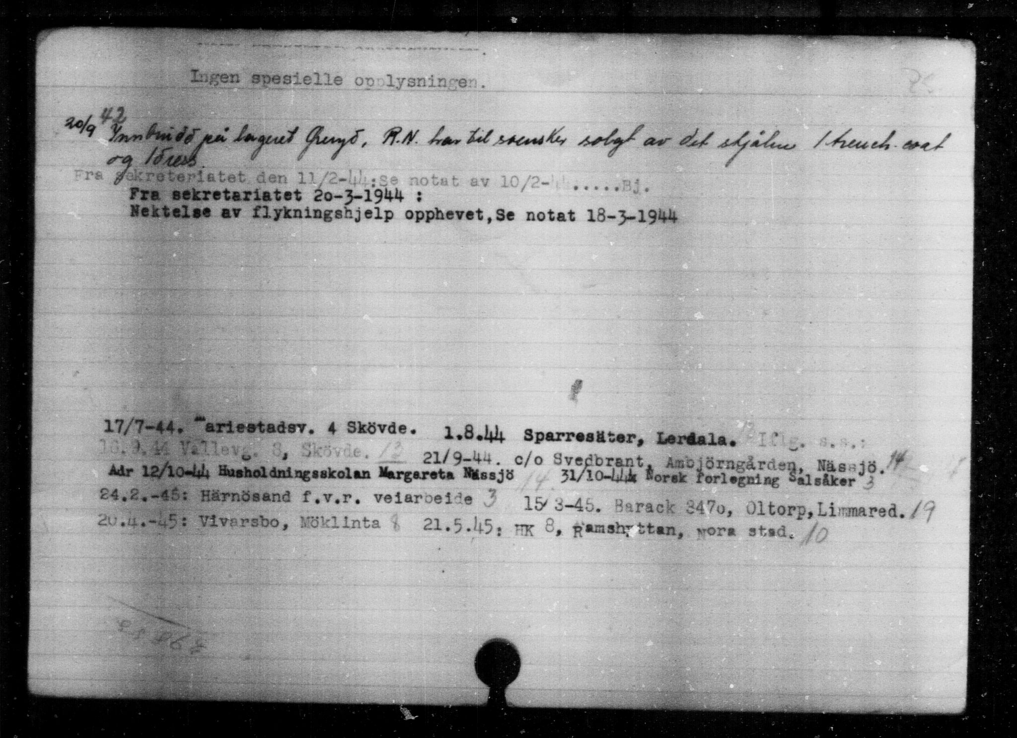 Utenriksstasjonene, Legasjonen i Stockholm, Flyktningkontoret, AV/RA-S-6753/V/Va/L0004: Kjesäterkartoteket, flyktninger med registreringsnr. 3496-6610, 1940-1945, s. 1944