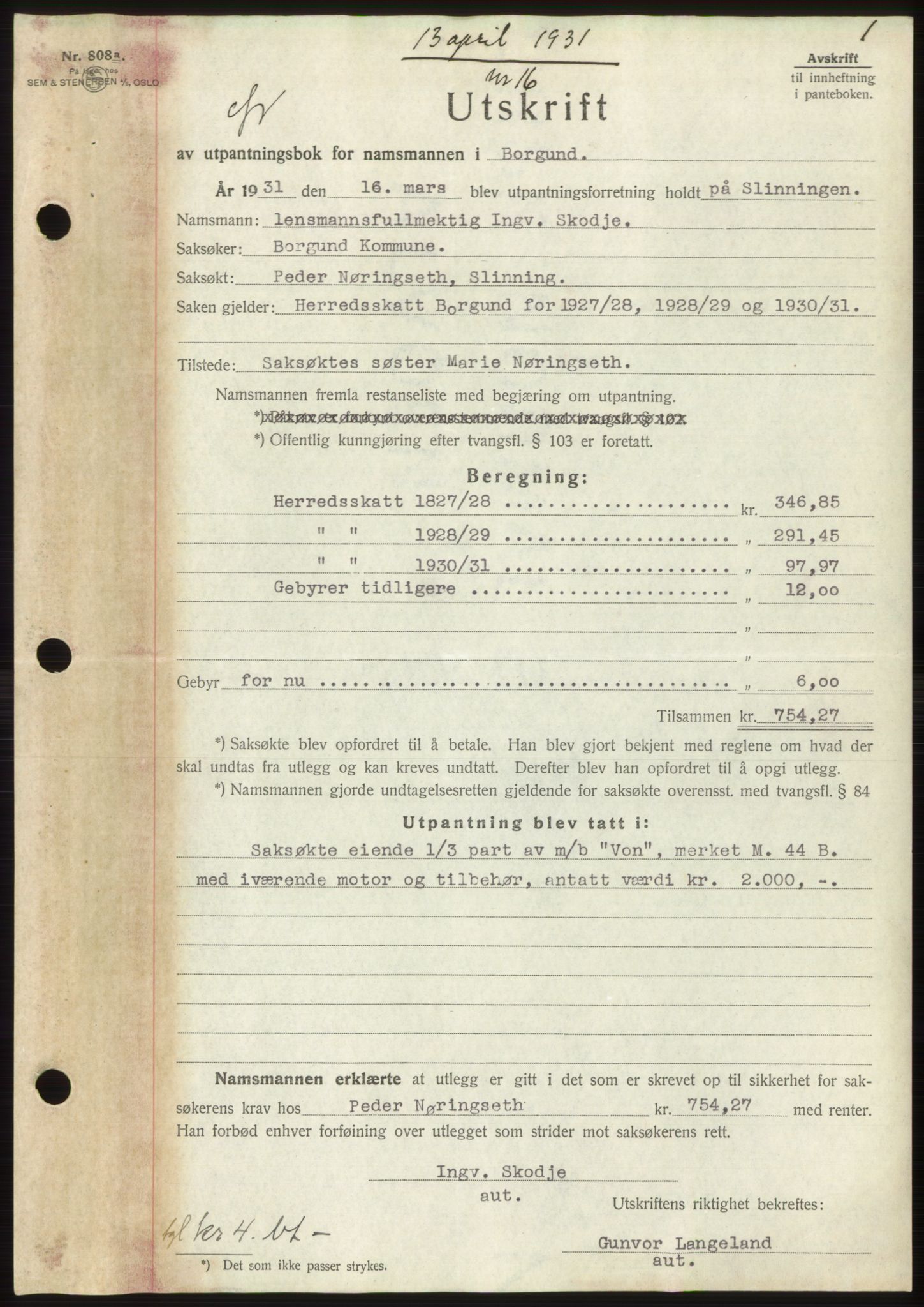 Nordre Sunnmøre sorenskriveri, AV/SAT-A-0006/1/2/2C/2Ca/L0048: Pantebok nr. 48, 1931-1931, Tingl.dato: 13.04.1931