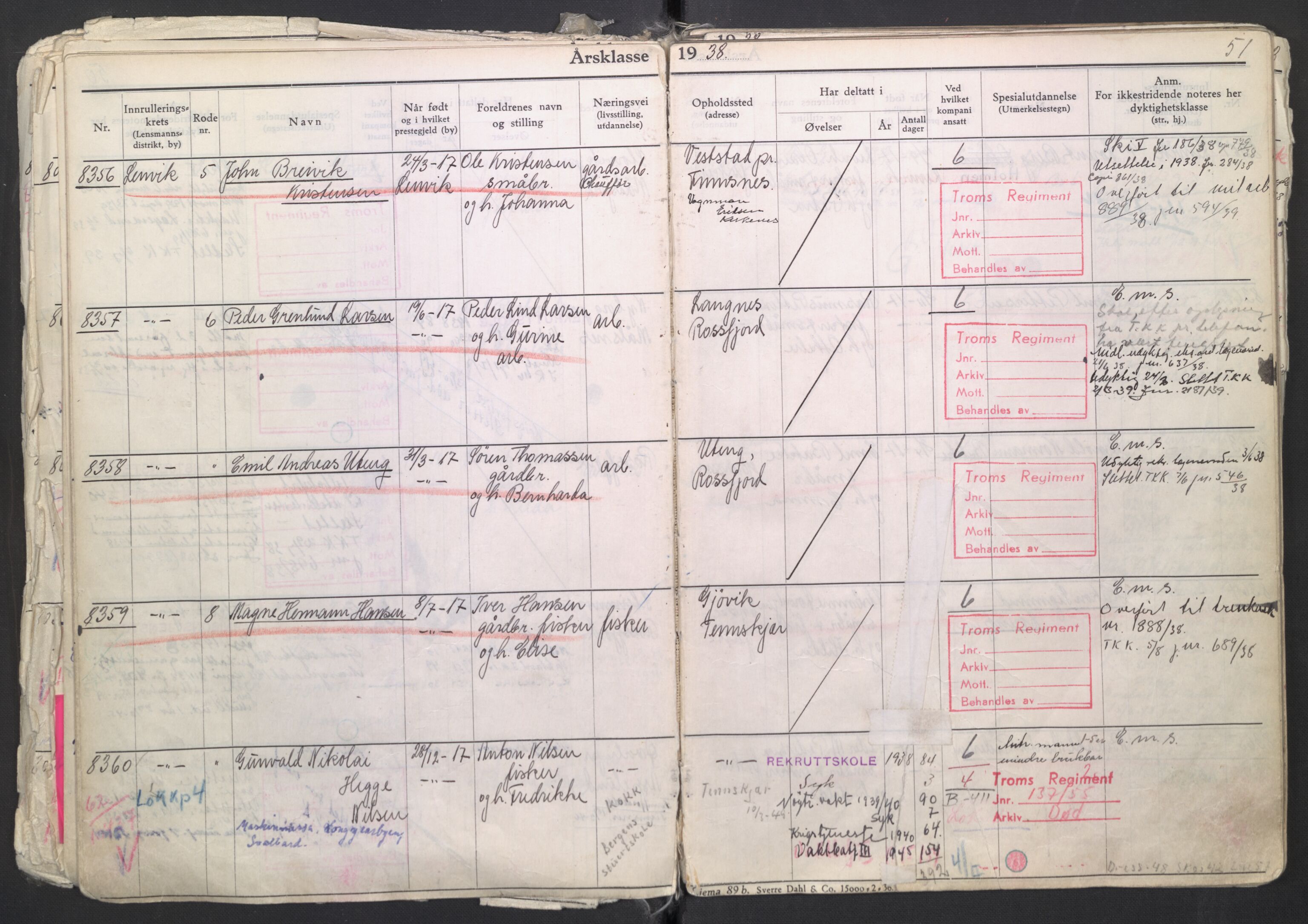 Forsvaret, Troms infanteriregiment nr. 16, AV/RA-RAFA-3146/P/Pa/L0007/0003: Ruller / Rulle for regimentets menige mannskaper, årsklasse 1938, 1938, s. 51