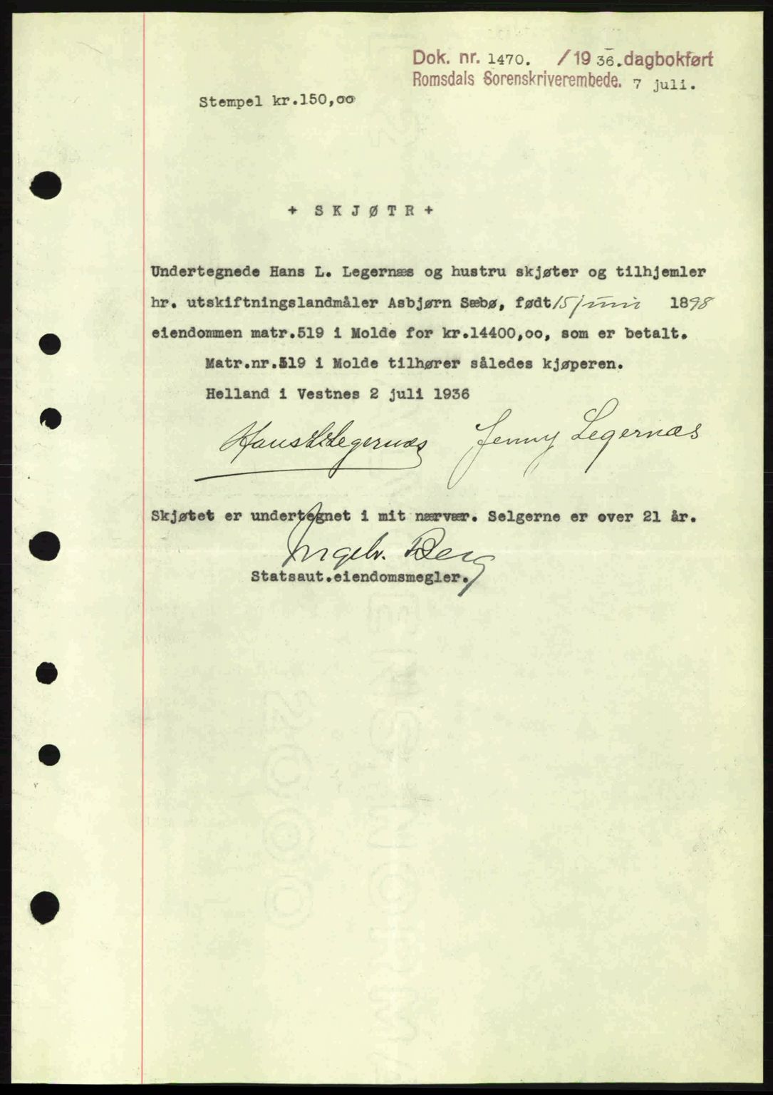 Romsdal sorenskriveri, SAT/A-4149/1/2/2C: Pantebok nr. A1, 1936-1936, Dagboknr: 1470/1936