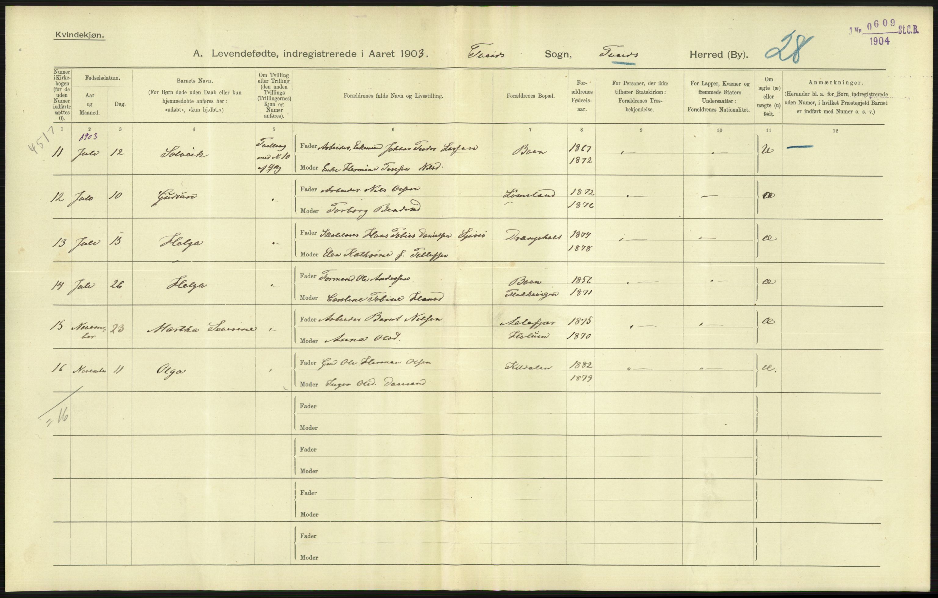 Statistisk sentralbyrå, Sosiodemografiske emner, Befolkning, RA/S-2228/D/Df/Dfa/Dfaa/L0011: Lister og Mandal amt: Fødte, gifte, døde, 1903, s. 3