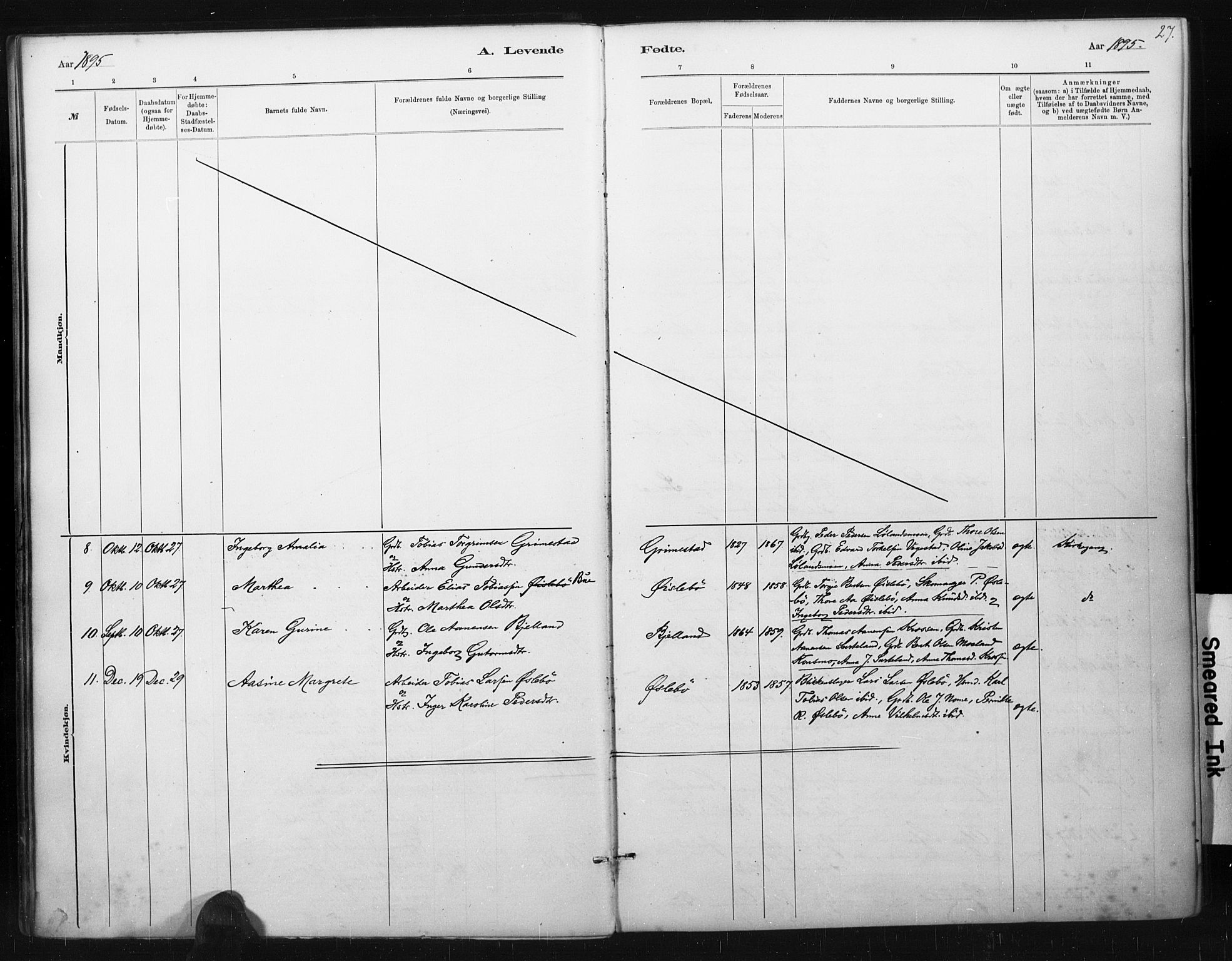 Holum sokneprestkontor, AV/SAK-1111-0022/F/Fa/Fac/L0004: Ministerialbok nr. A 4, 1884-1907, s. 27