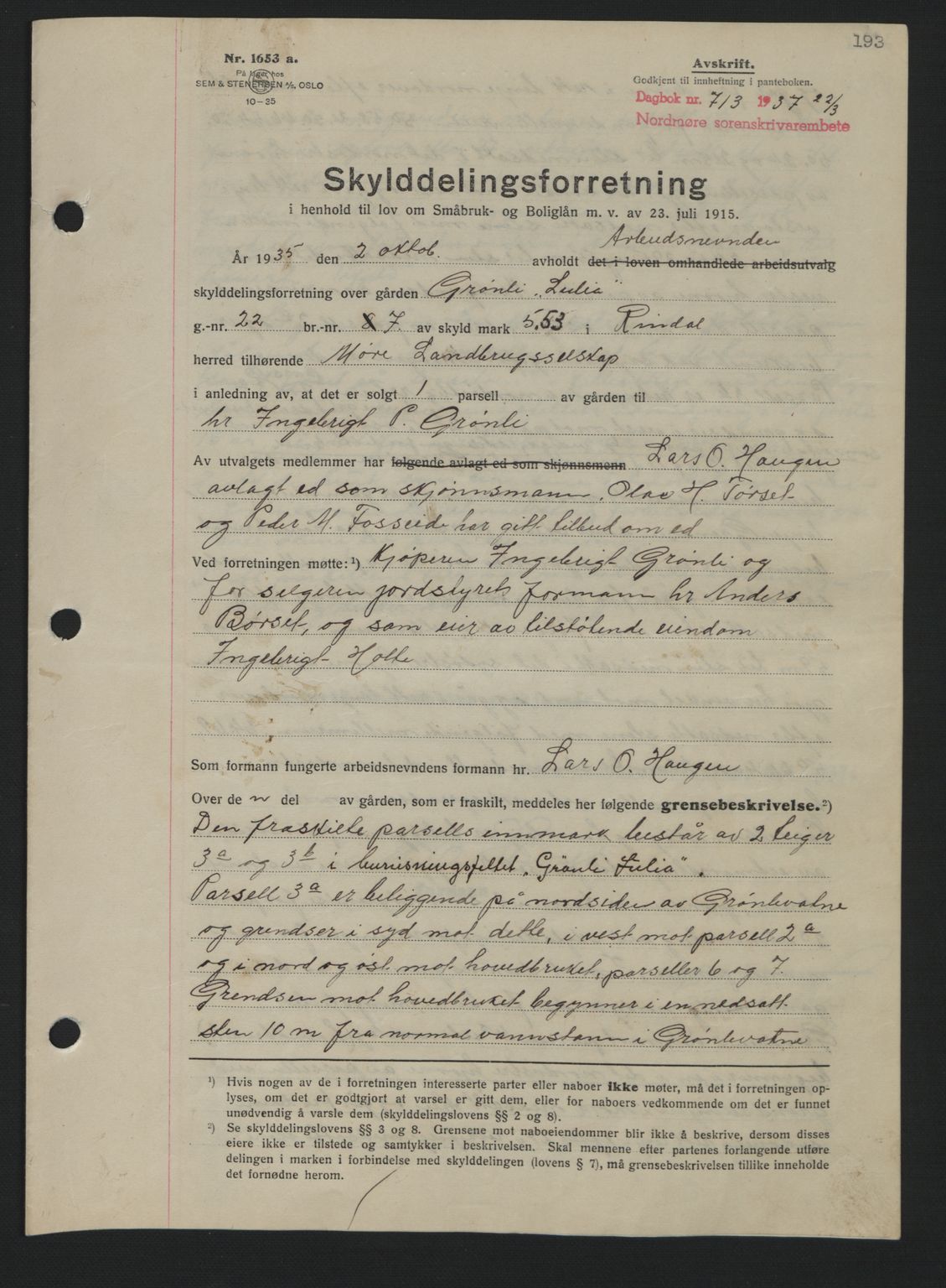 Nordmøre sorenskriveri, SAT/A-4132/1/2/2Ca: Pantebok nr. A81, 1937-1937, Dagboknr: 713/1937