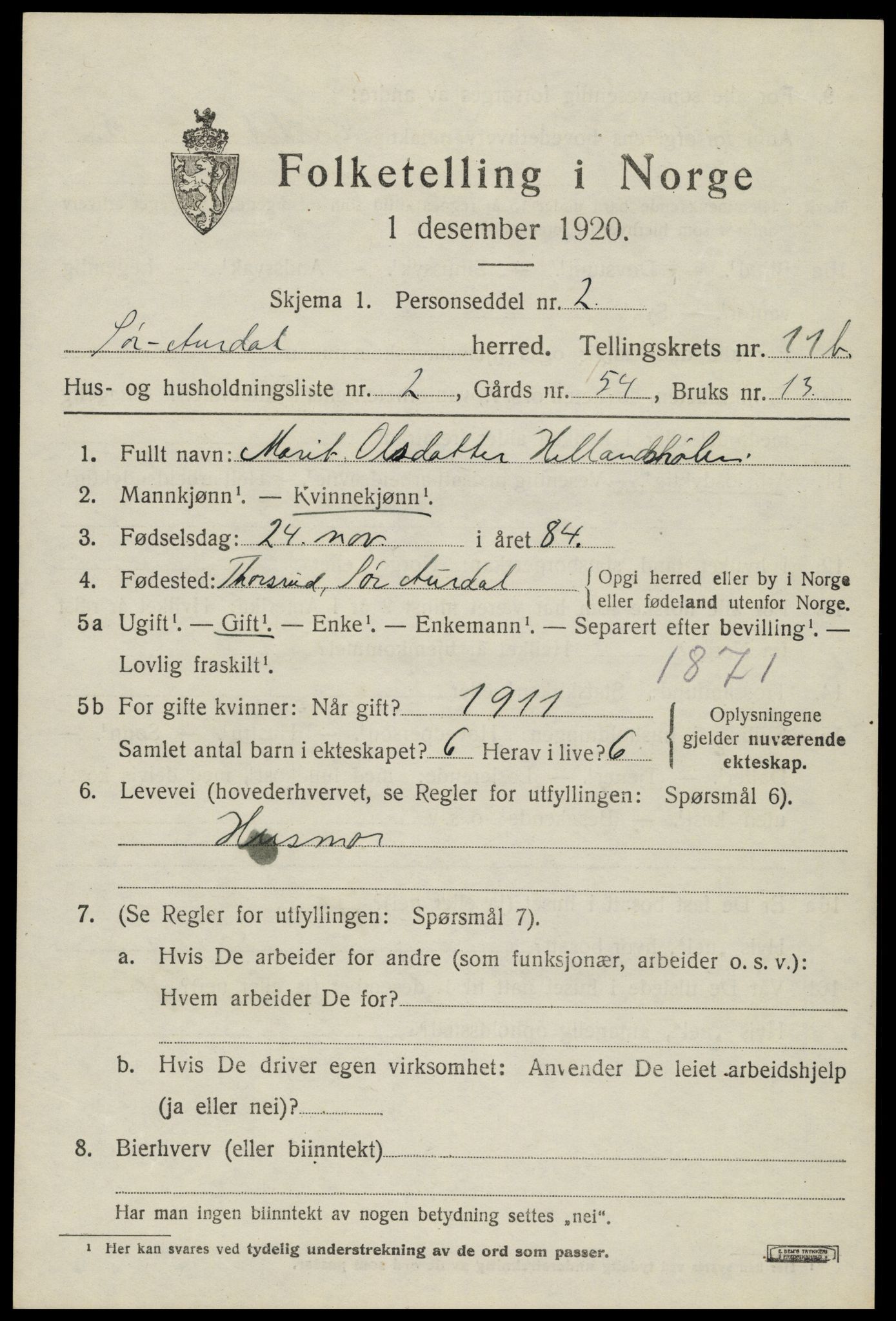 SAH, Folketelling 1920 for 0540 Sør-Aurdal herred, 1920, s. 6269