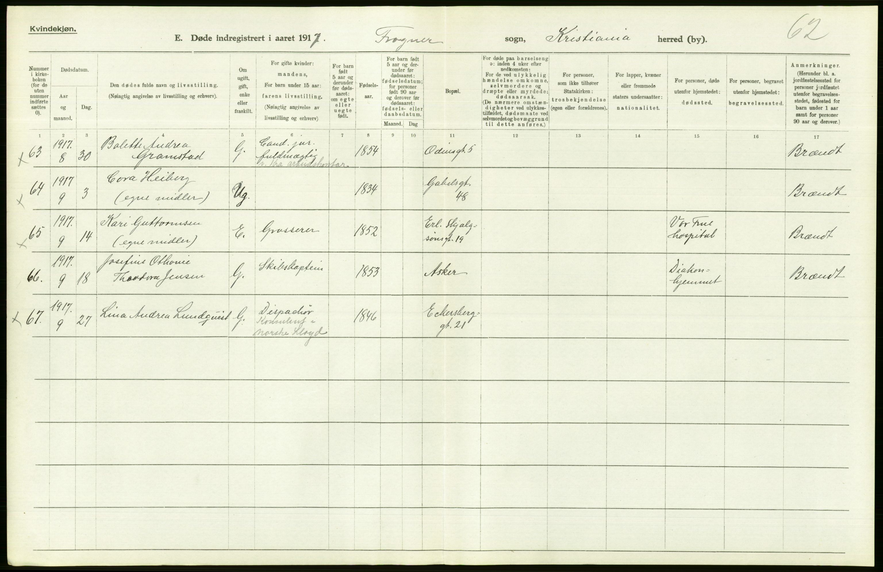 Statistisk sentralbyrå, Sosiodemografiske emner, Befolkning, AV/RA-S-2228/D/Df/Dfb/Dfbg/L0010: Kristiania: Døde, 1917, s. 312