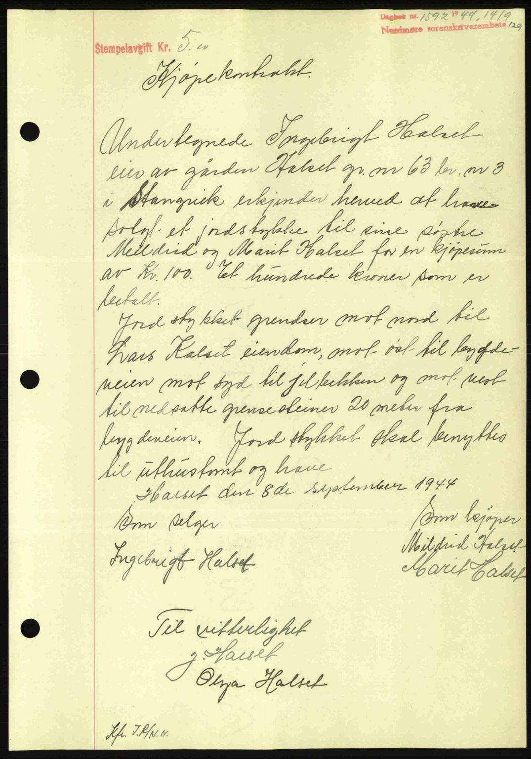 Nordmøre sorenskriveri, AV/SAT-A-4132/1/2/2Ca: Pantebok nr. B92, 1944-1945, Dagboknr: 1592/1944