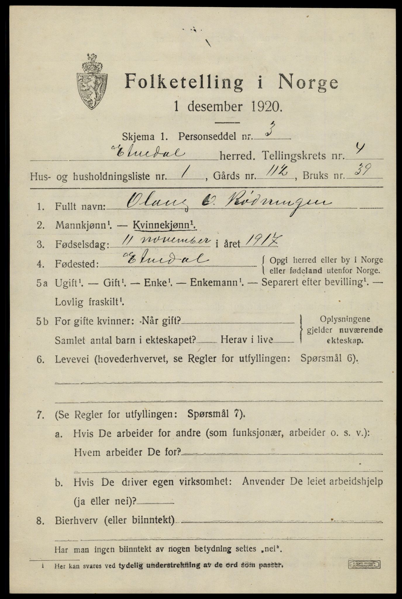 SAH, Folketelling 1920 for 0541 Etnedal herred, 1920, s. 1486