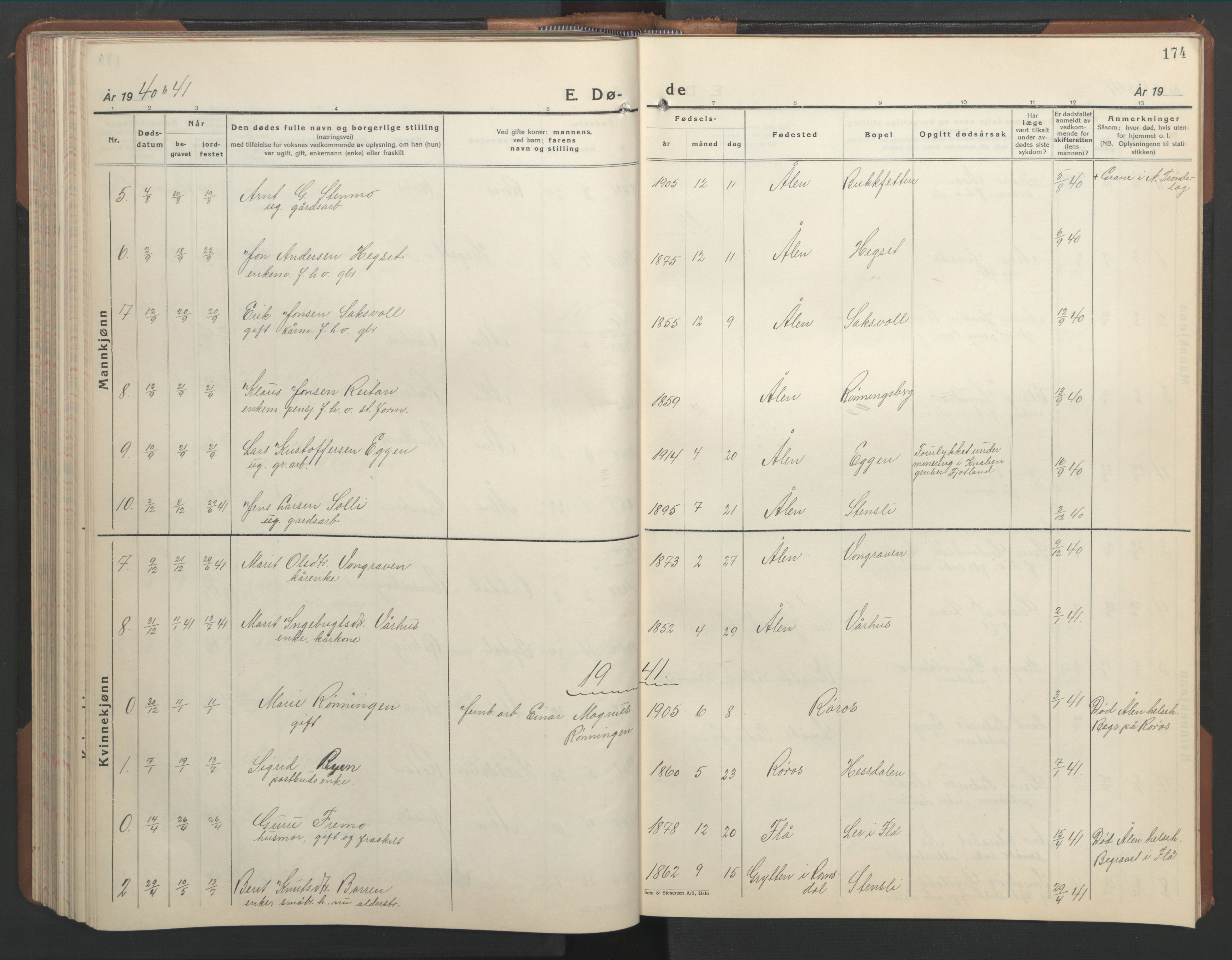 Ministerialprotokoller, klokkerbøker og fødselsregistre - Sør-Trøndelag, SAT/A-1456/686/L0986: Klokkerbok nr. 686C02, 1933-1950, s. 174