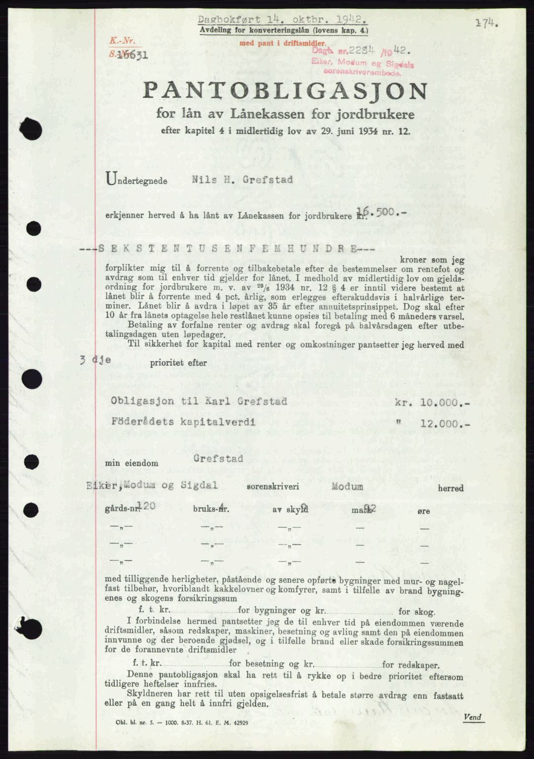 Eiker, Modum og Sigdal sorenskriveri, SAKO/A-123/G/Ga/Gab/L0047: Pantebok nr. A17, 1942-1943, Dagboknr: 2284/1942