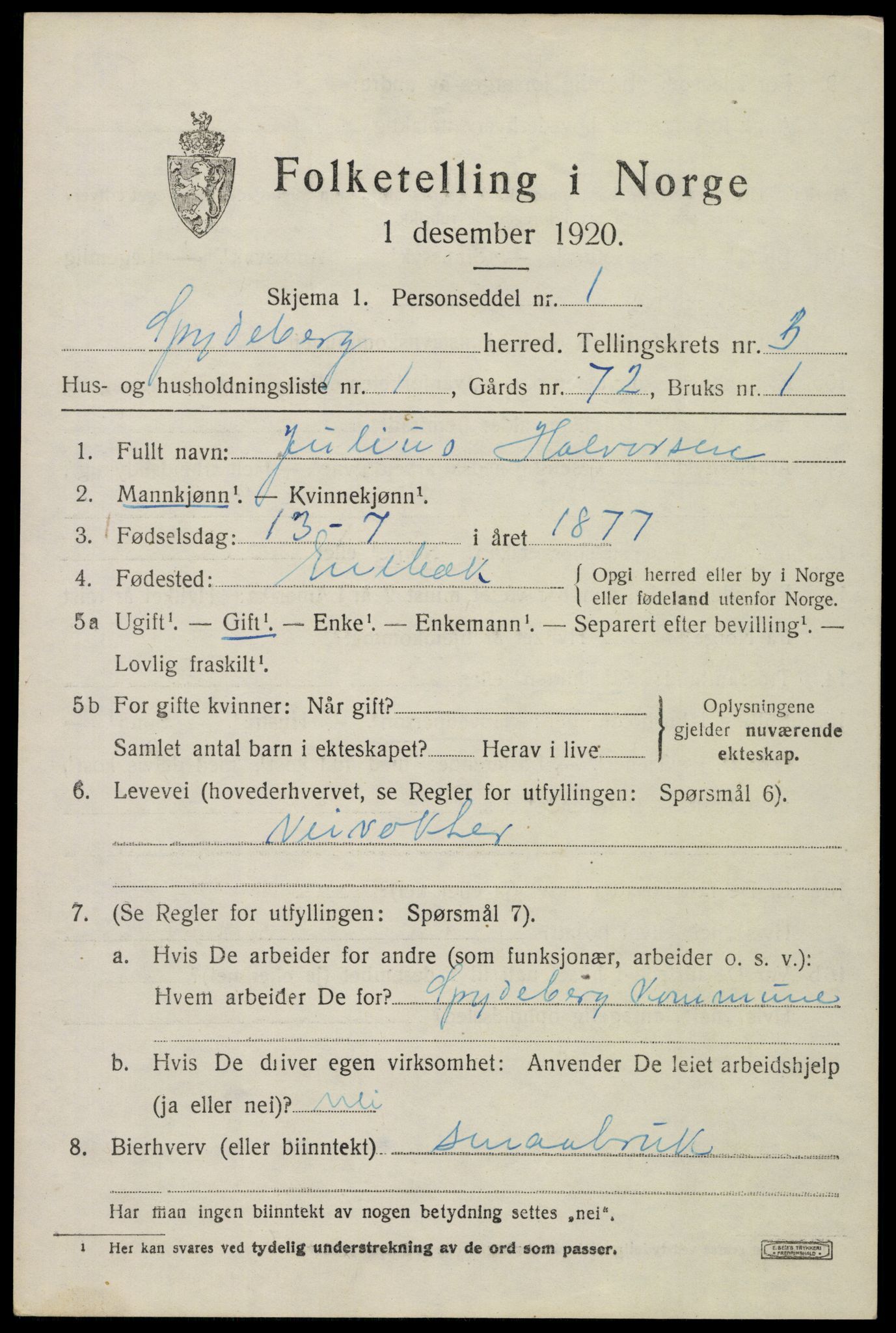 SAO, Folketelling 1920 for 0123 Spydeberg herred, 1920, s. 4065