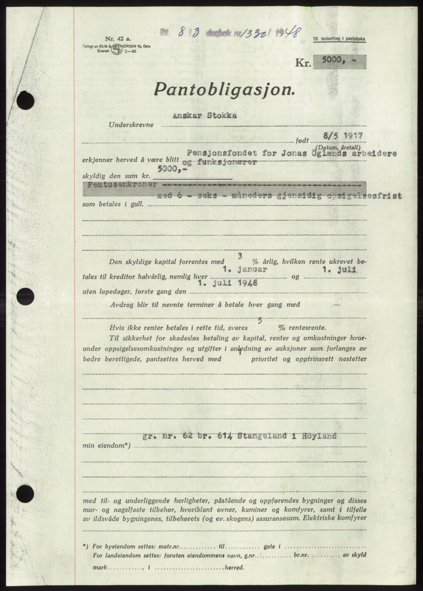 Jæren sorenskriveri, SAST/A-100310/03/G/Gba/L0098: Pantebok, 1948-1948, Dagboknr: 1330/1948