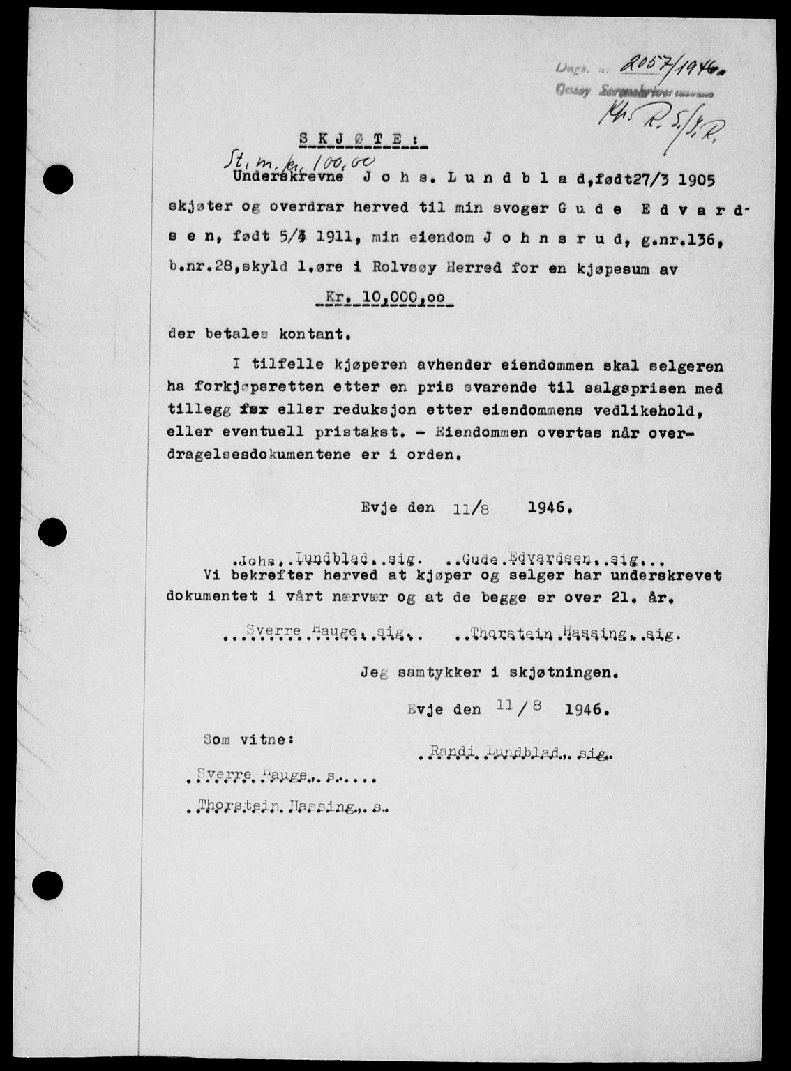 Onsøy sorenskriveri, SAO/A-10474/G/Ga/Gab/L0017: Pantebok nr. II A-17, 1946-1946, Dagboknr: 2057/1946