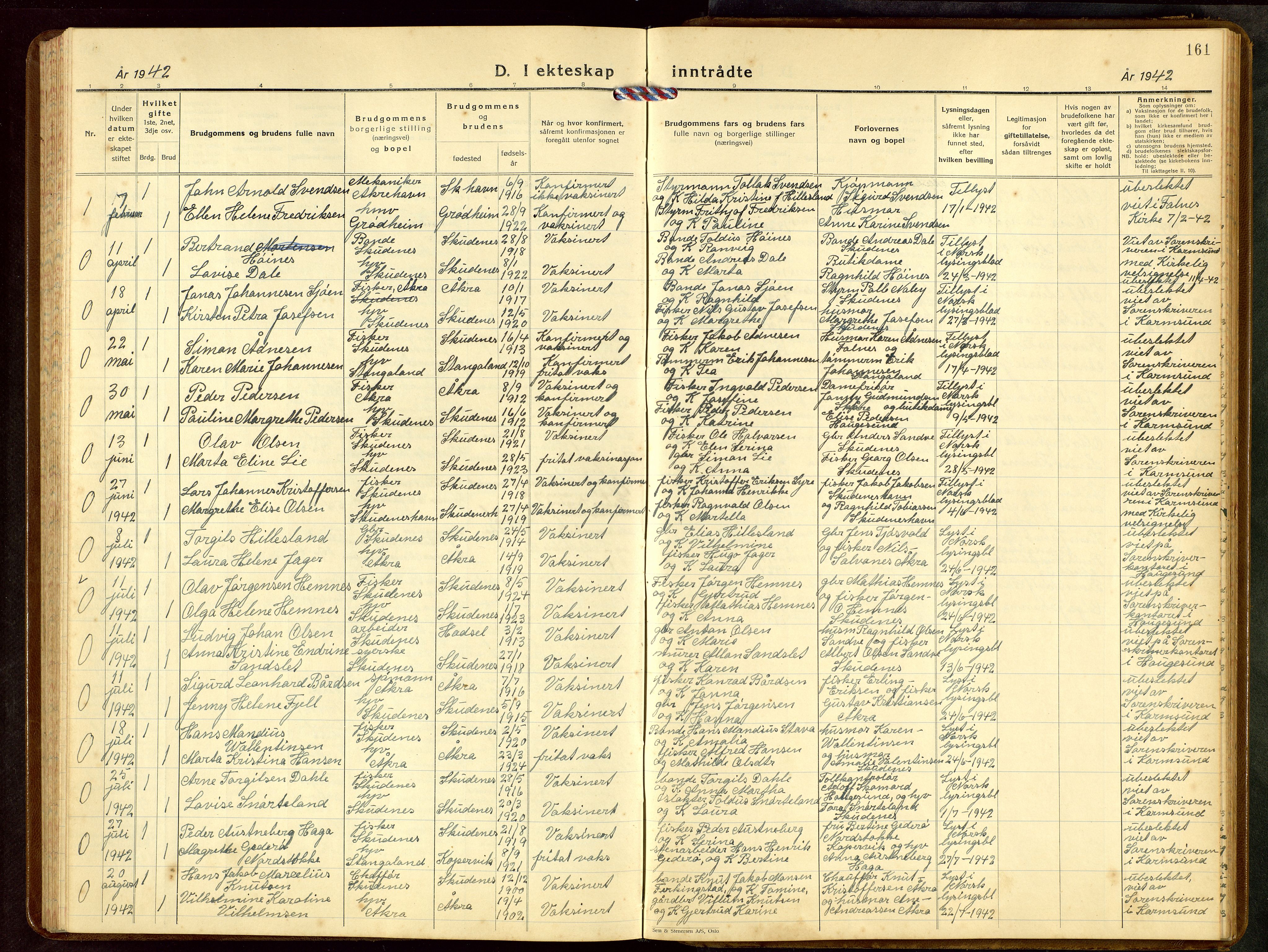 Skudenes sokneprestkontor, SAST/A -101849/H/Ha/Hab/L0013: Klokkerbok nr. B 13, 1937-1954, s. 161