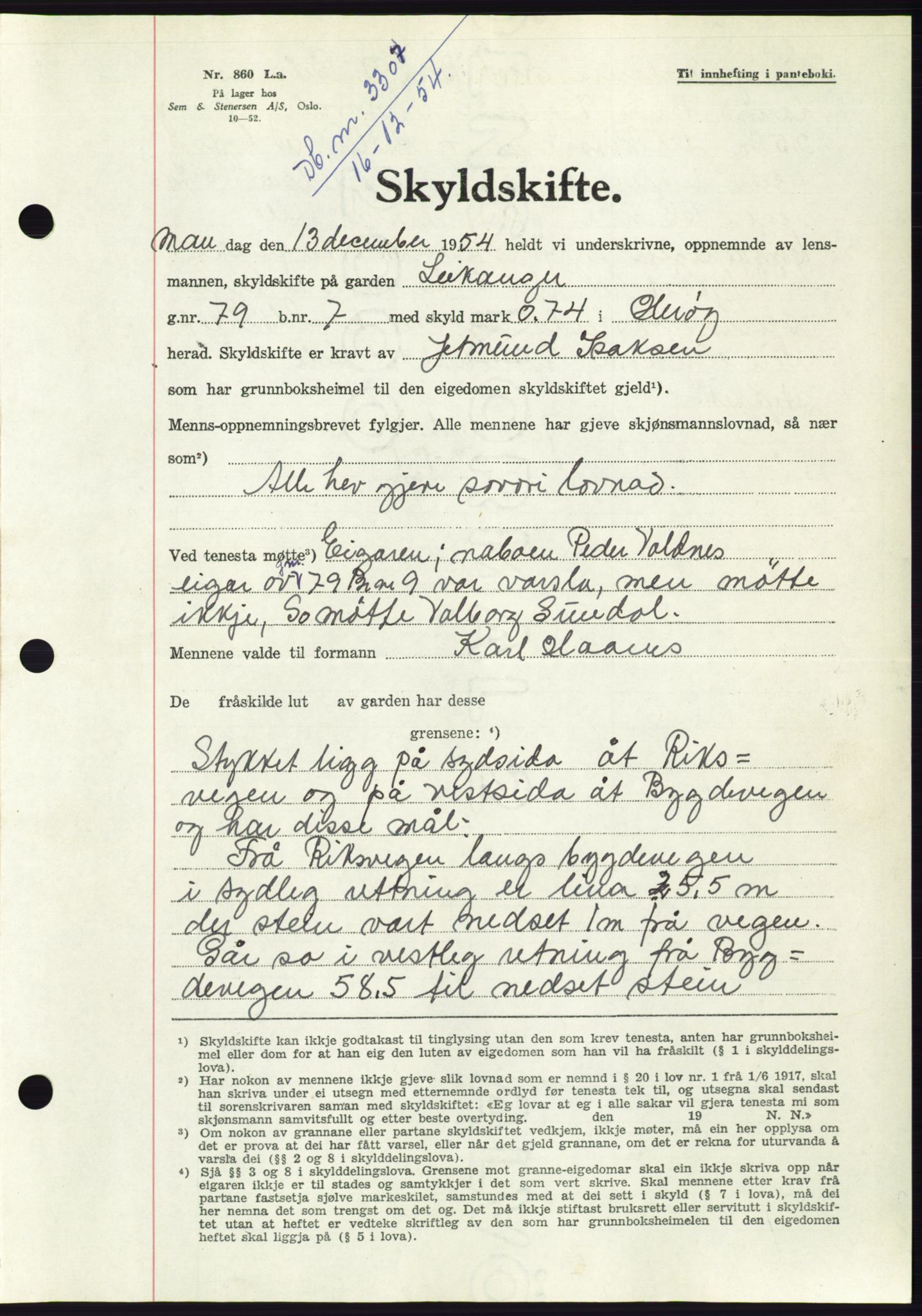 Søre Sunnmøre sorenskriveri, AV/SAT-A-4122/1/2/2C/L0099: Pantebok nr. 25A, 1954-1954, Dagboknr: 3307/1954