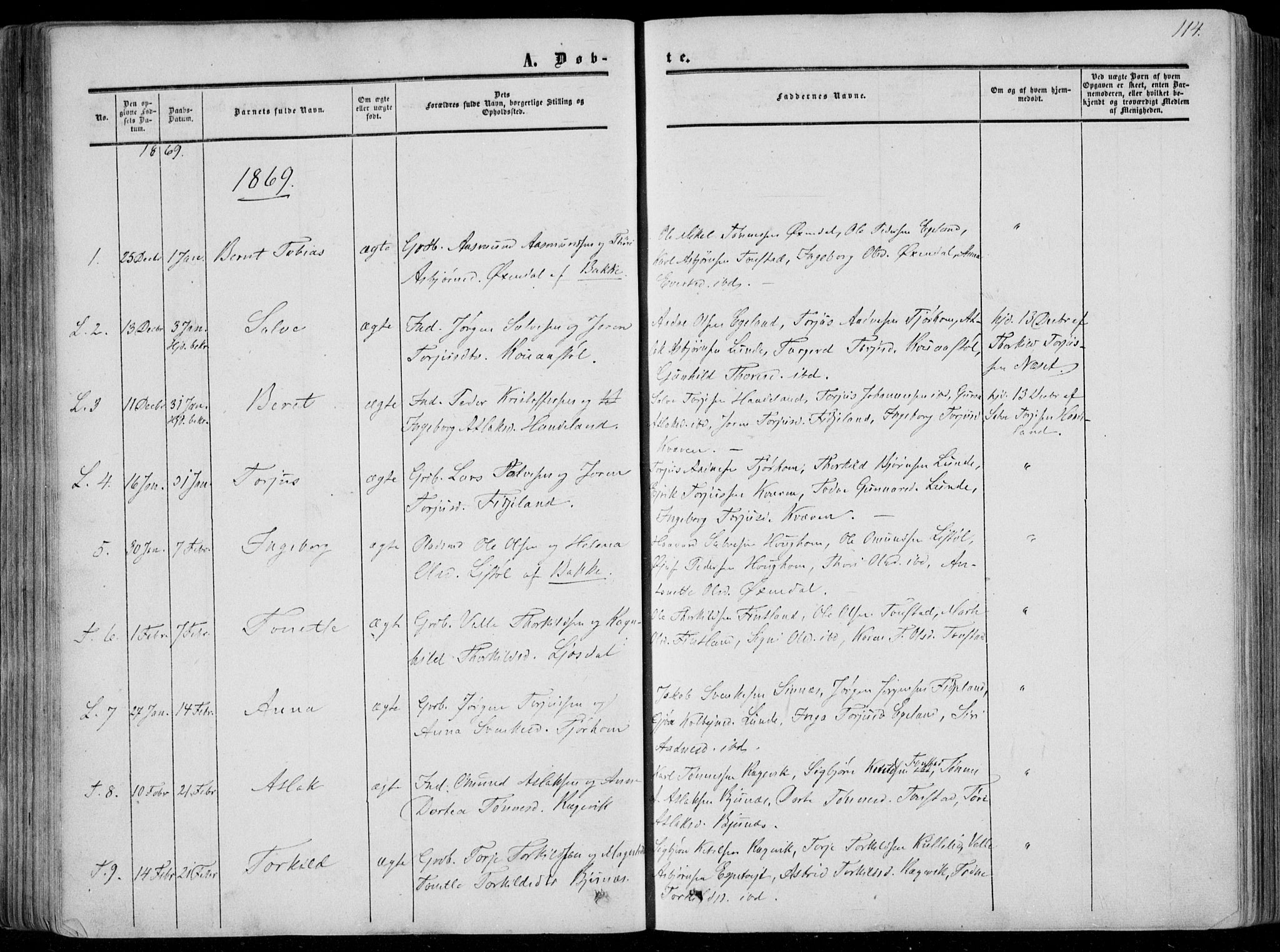Sirdal sokneprestkontor, SAK/1111-0036/F/Fa/Fab/L0002: Ministerialbok nr. A 2, 1855-1874, s. 114
