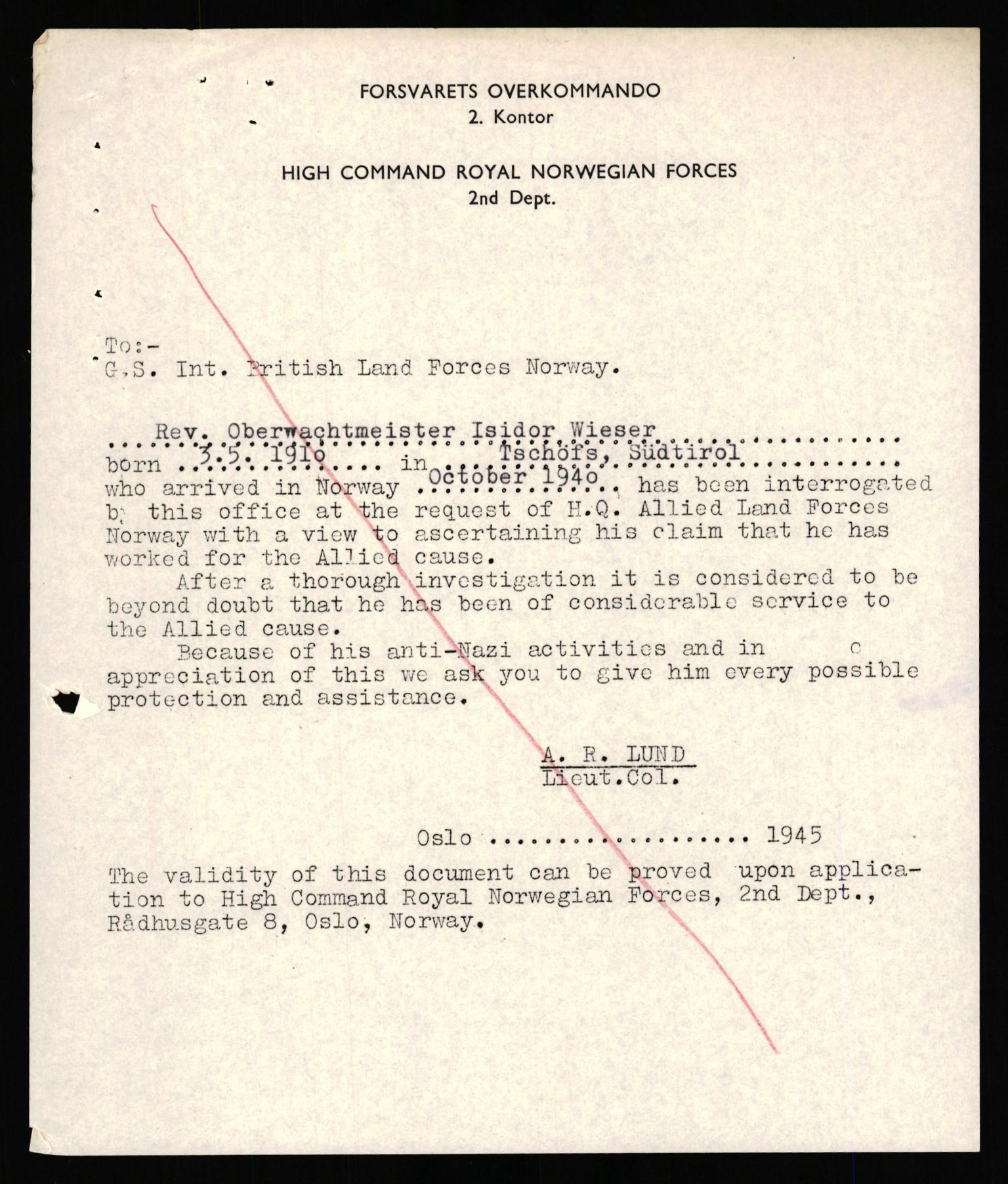 Forsvaret, Forsvarets overkommando II, AV/RA-RAFA-3915/D/Db/L0040: CI Questionaires. Tyske okkupasjonsstyrker i Norge. Østerrikere., 1945-1946, s. 421