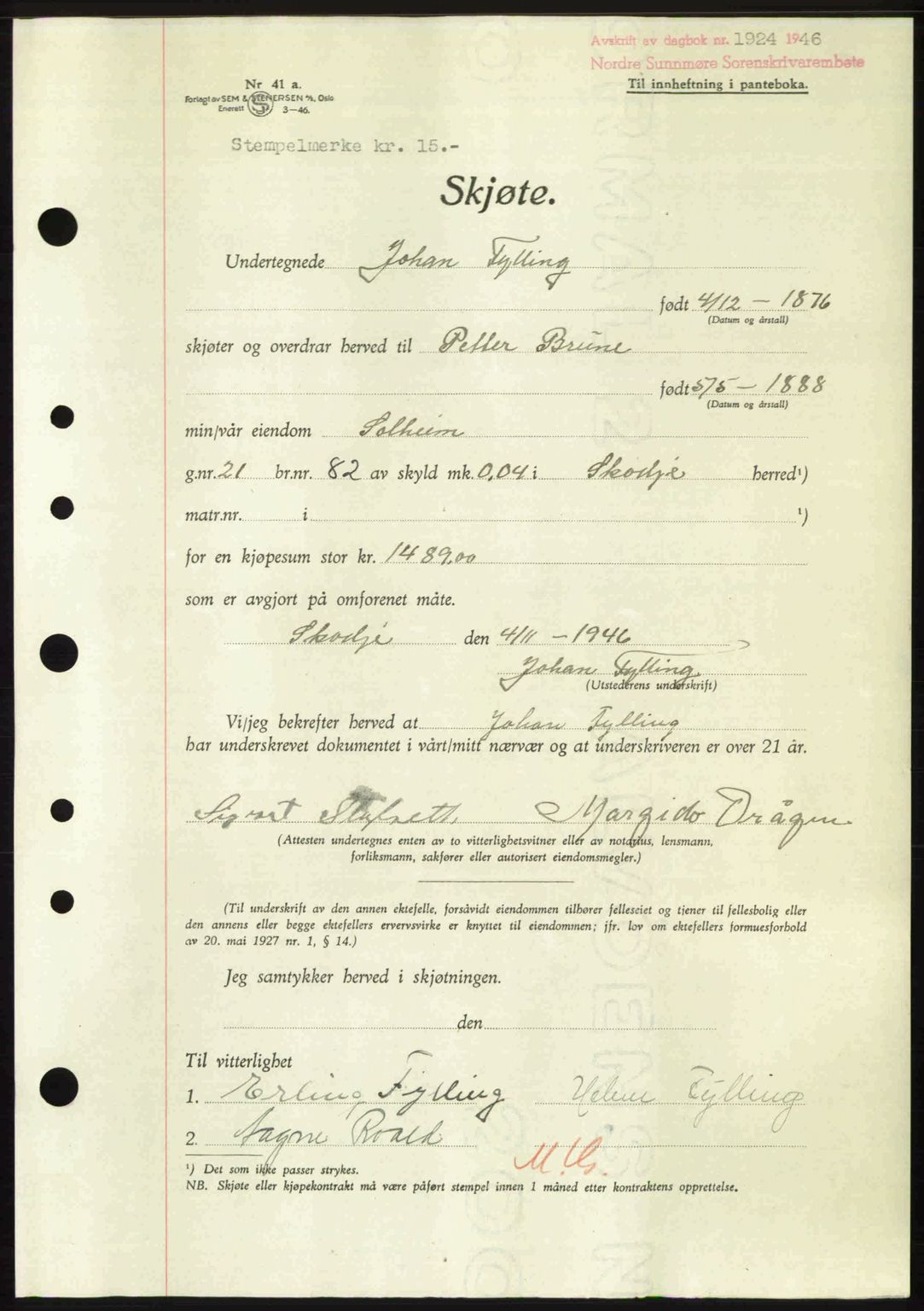Nordre Sunnmøre sorenskriveri, AV/SAT-A-0006/1/2/2C/2Ca: Pantebok nr. A23, 1946-1947, Dagboknr: 1924/1946