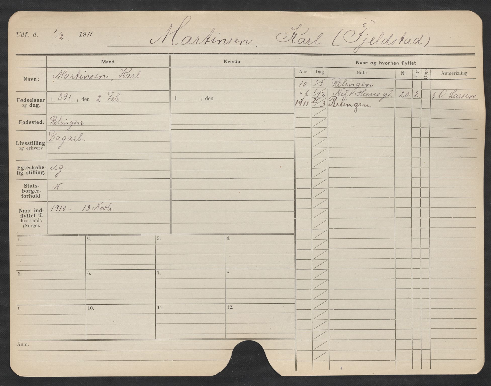 Oslo folkeregister, Registerkort, AV/SAO-A-11715/F/Fa/Fac/L0007: Menn, 1906-1914, s. 578a