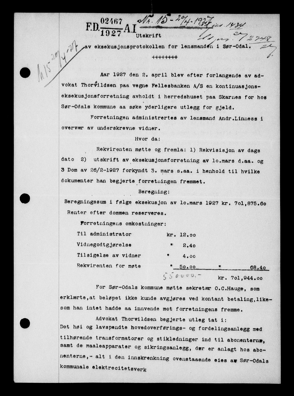 Vinger og Odal sorenskriveri, SAH/TING-022/H/Hb/Hbb/L0022: Pantebok nr. I, 1926-1927, Tingl.dato: 20.04.1927
