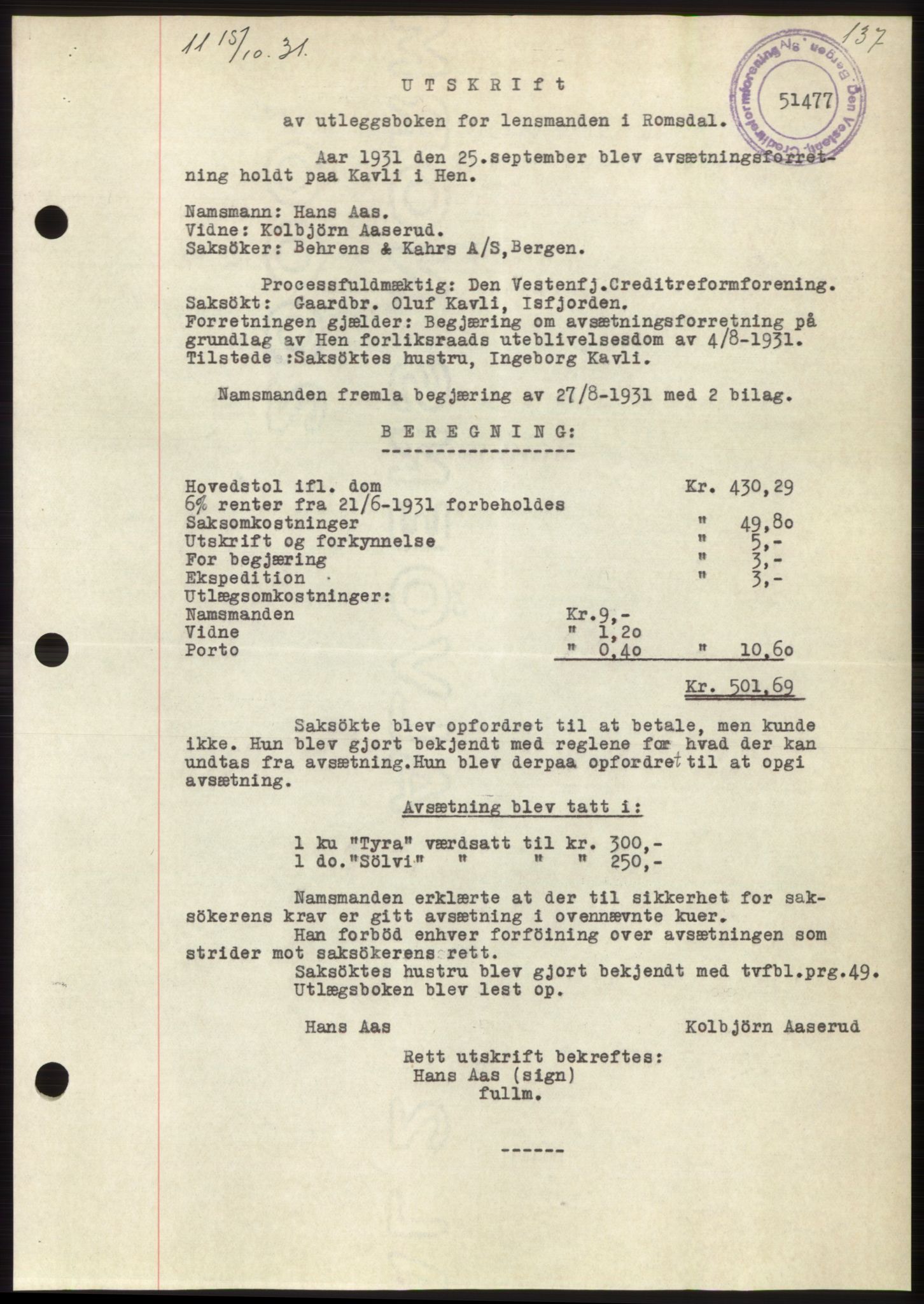 Romsdal sorenskriveri, AV/SAT-A-4149/1/2/2C/L0060: Pantebok nr. 54, 1931-1932, Tingl.dato: 15.10.1931