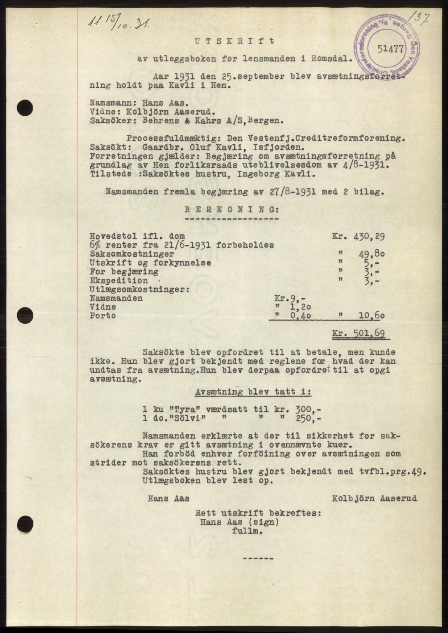 Romsdal sorenskriveri, SAT/A-4149/1/2/2C/L0060: Pantebok nr. 54, 1931-1932, Tingl.dato: 15.10.1931