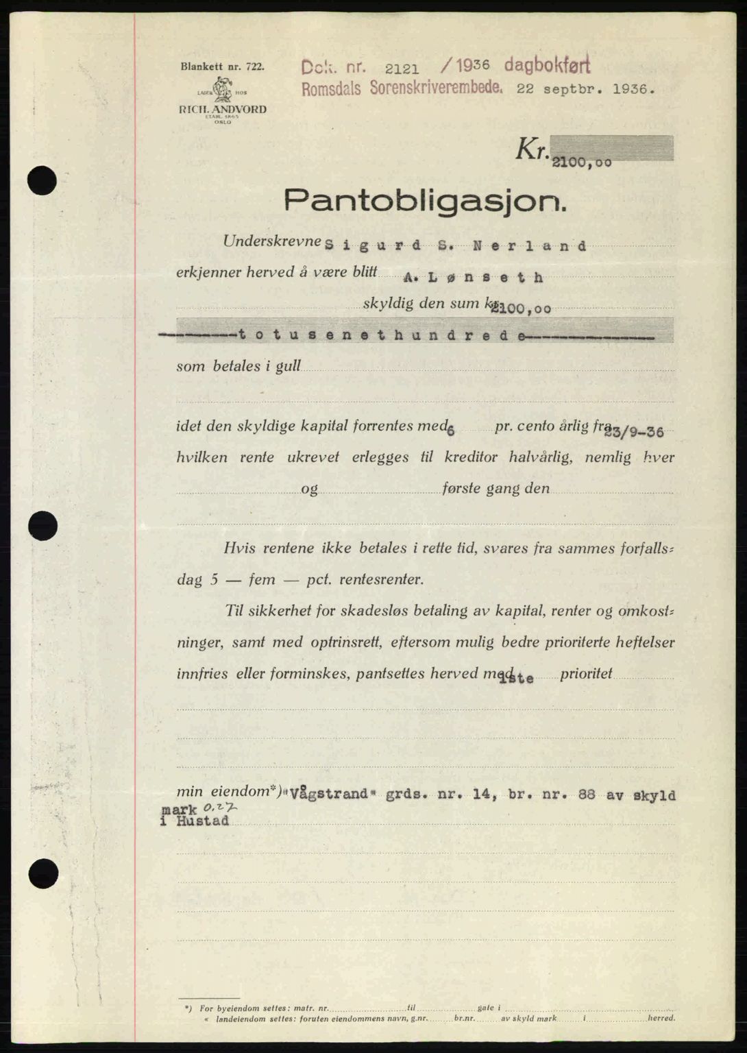 Romsdal sorenskriveri, SAT/A-4149/1/2/2C: Pantebok nr. B1, 1936-1939, Dagboknr: 2121/1936