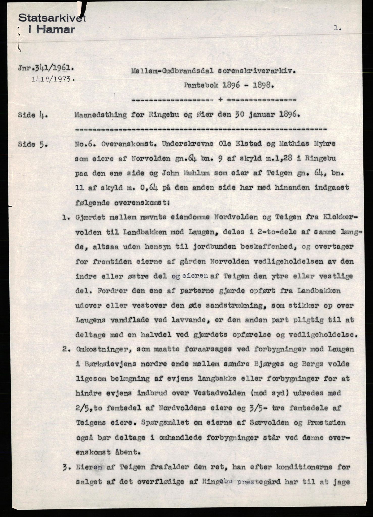 Avskriftssamlingen ved Statsarkivet i Hamar, SAH/AVSKRIFT-001/H/Hd/Hda/L0011: Pantebok for Mellom-Gudbrandsdal (Øyer, Ringebu, Fron), 1896-1898