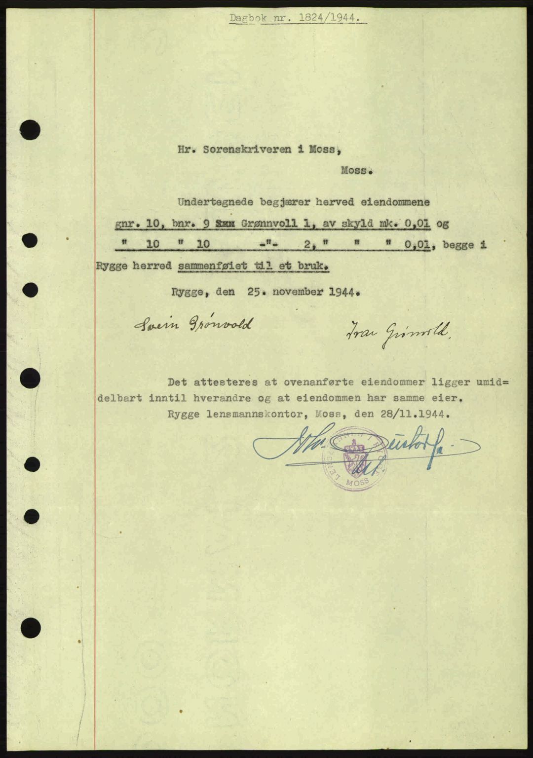 Moss sorenskriveri, SAO/A-10168: Pantebok nr. A13, 1944-1945, Dagboknr: 1824/1944