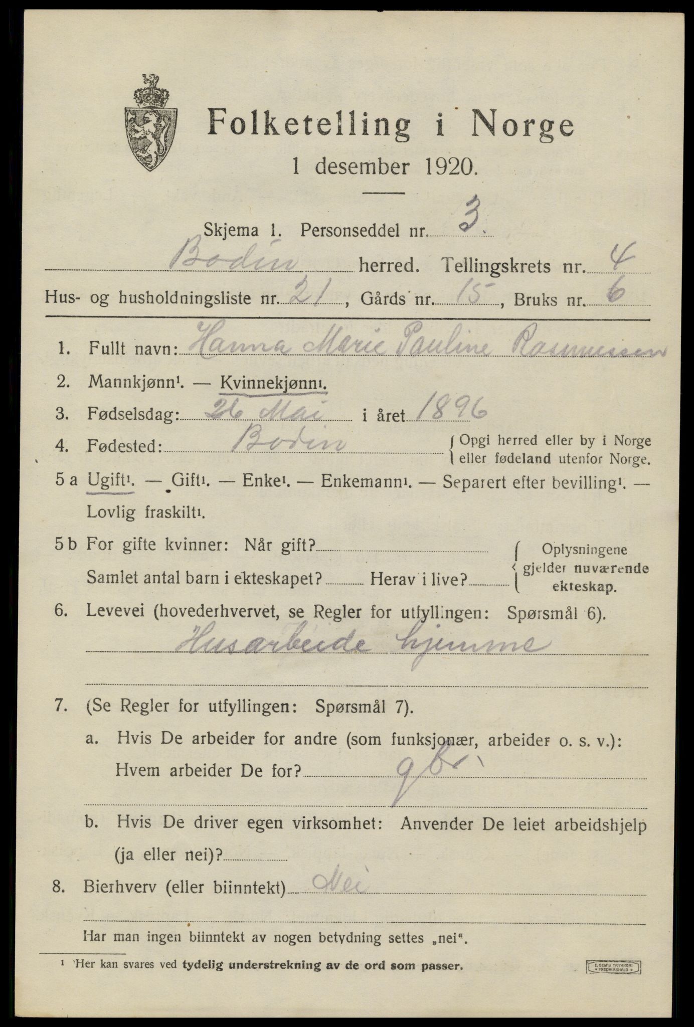 SAT, Folketelling 1920 for 1843 Bodin herred, 1920, s. 2908