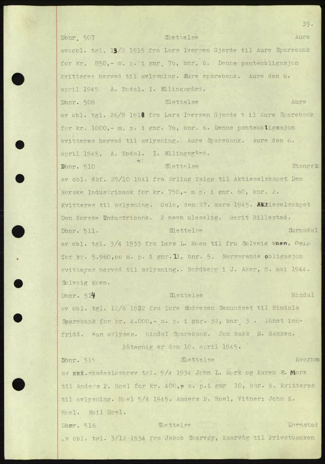 Nordmøre sorenskriveri, AV/SAT-A-4132/1/2/2Ca: Pantebok nr. C82a, 1945-1946, Dagboknr: 507/1945