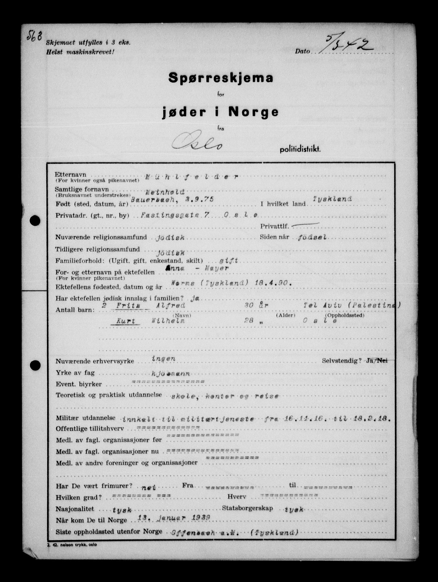 Statspolitiet - Hovedkontoret / Osloavdelingen, AV/RA-S-1329/G/Ga/L0010: Spørreskjema for jøder i Norge, Oslo Hansen-Pintzow, 1942, s. 909