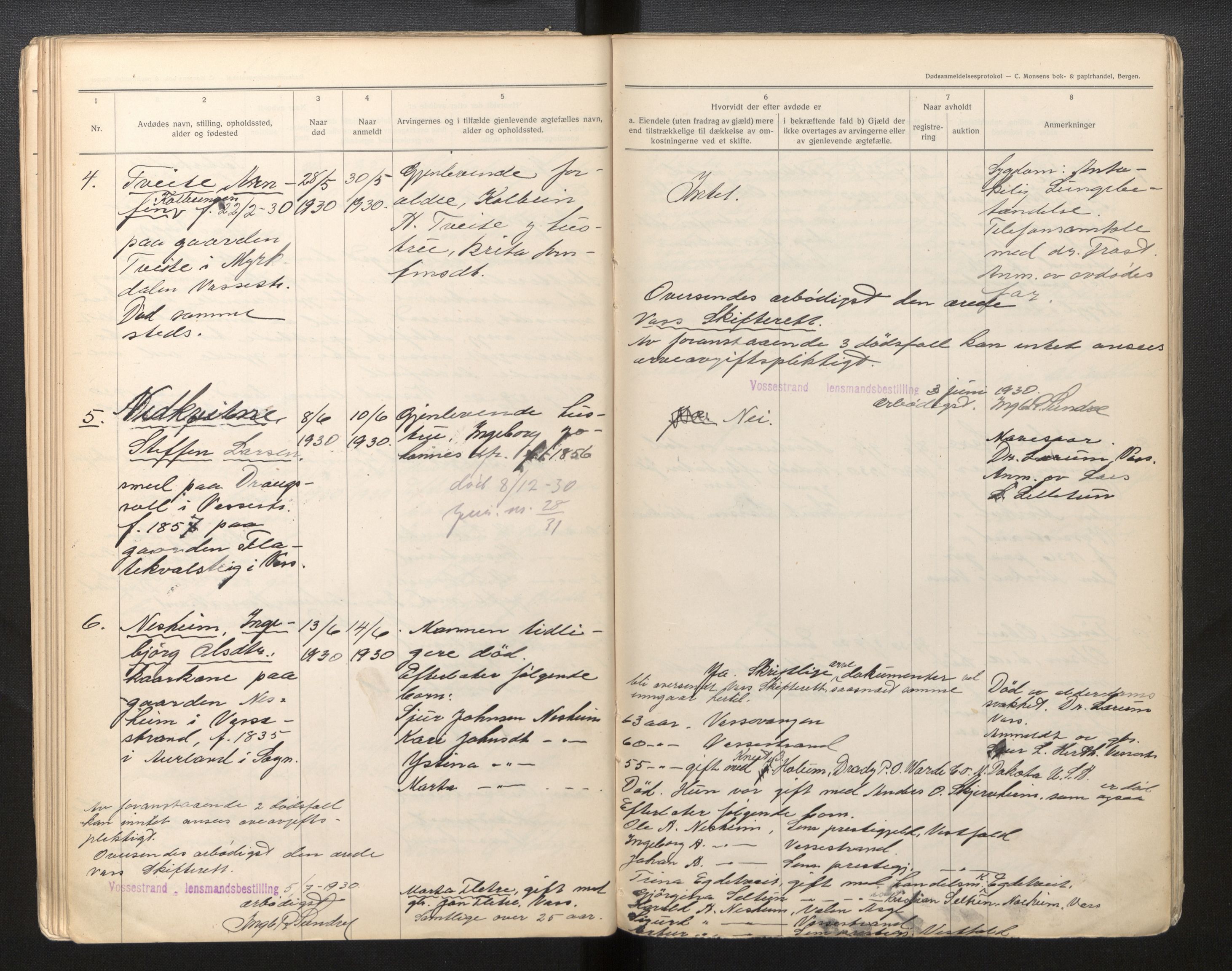 Lensmannen i Vossestrand, AV/SAB-A-35901/0006/L0003: Dødsfallprotokoll, 1917-1934