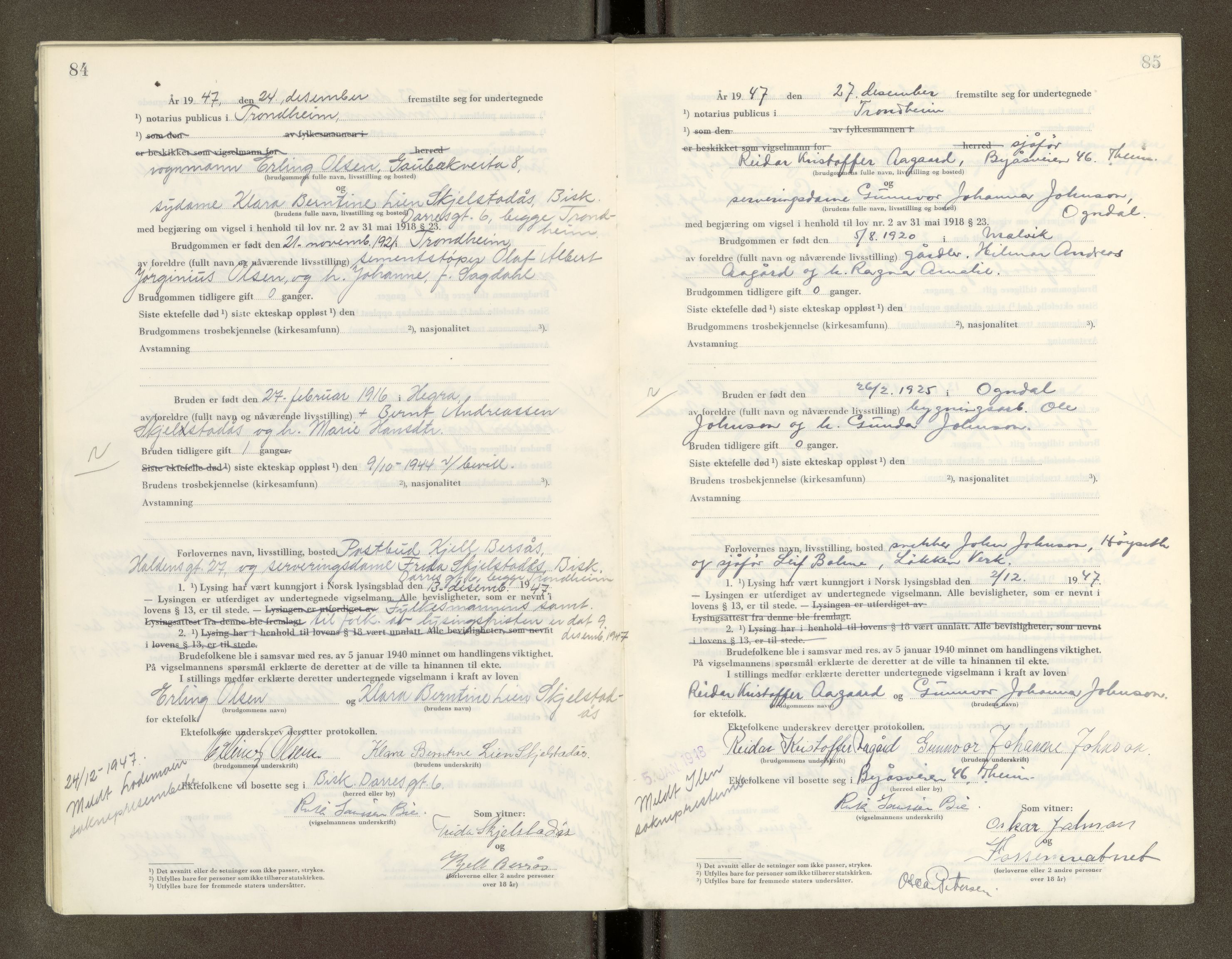 Trondheim byfogd, AV/SAT-A-0003/1/6/6D/L0005: Vigselbøker, 1944-1948, s. 84-85
