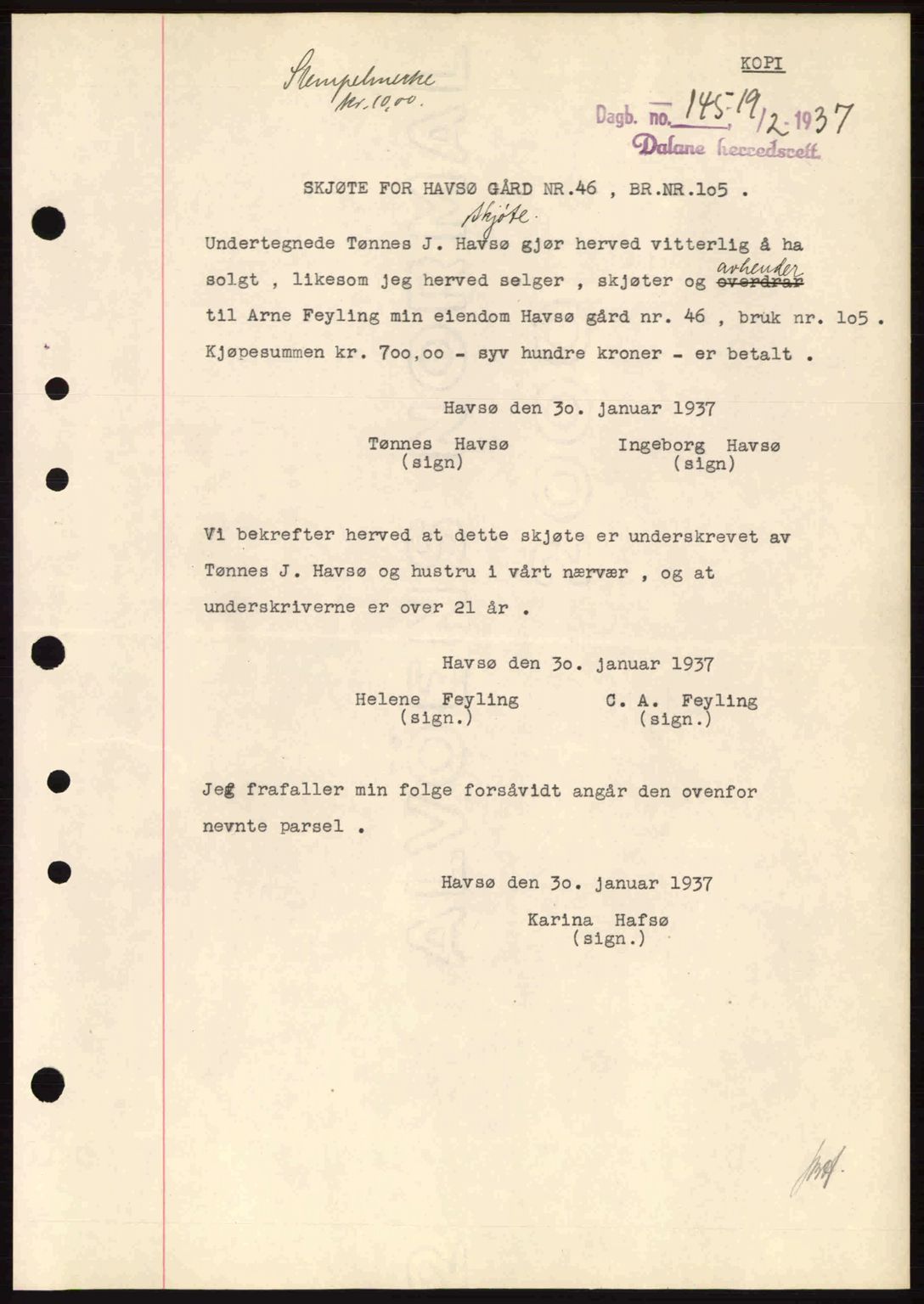 Dalane sorenskriveri, SAST/A-100309/02/G/Gb/L0041: Pantebok nr. A2, 1936-1937, Dagboknr: 145/1937
