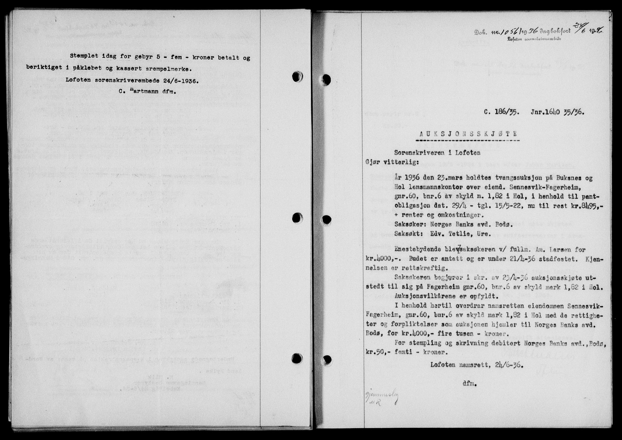 Lofoten sorenskriveri, SAT/A-0017/1/2/2C/L0033b: Pantebok nr. 33b, 1936-1936, Dagboknr: 1056/1936