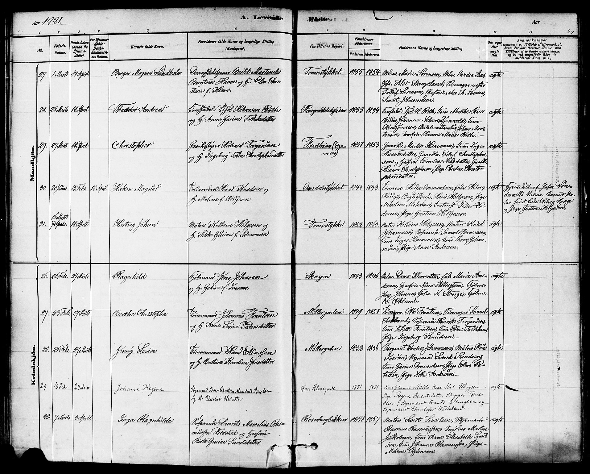 Domkirken sokneprestkontor, AV/SAST-A-101812/001/30/30BA/L0026: Ministerialbok nr. A 25, 1878-1889, s. 87