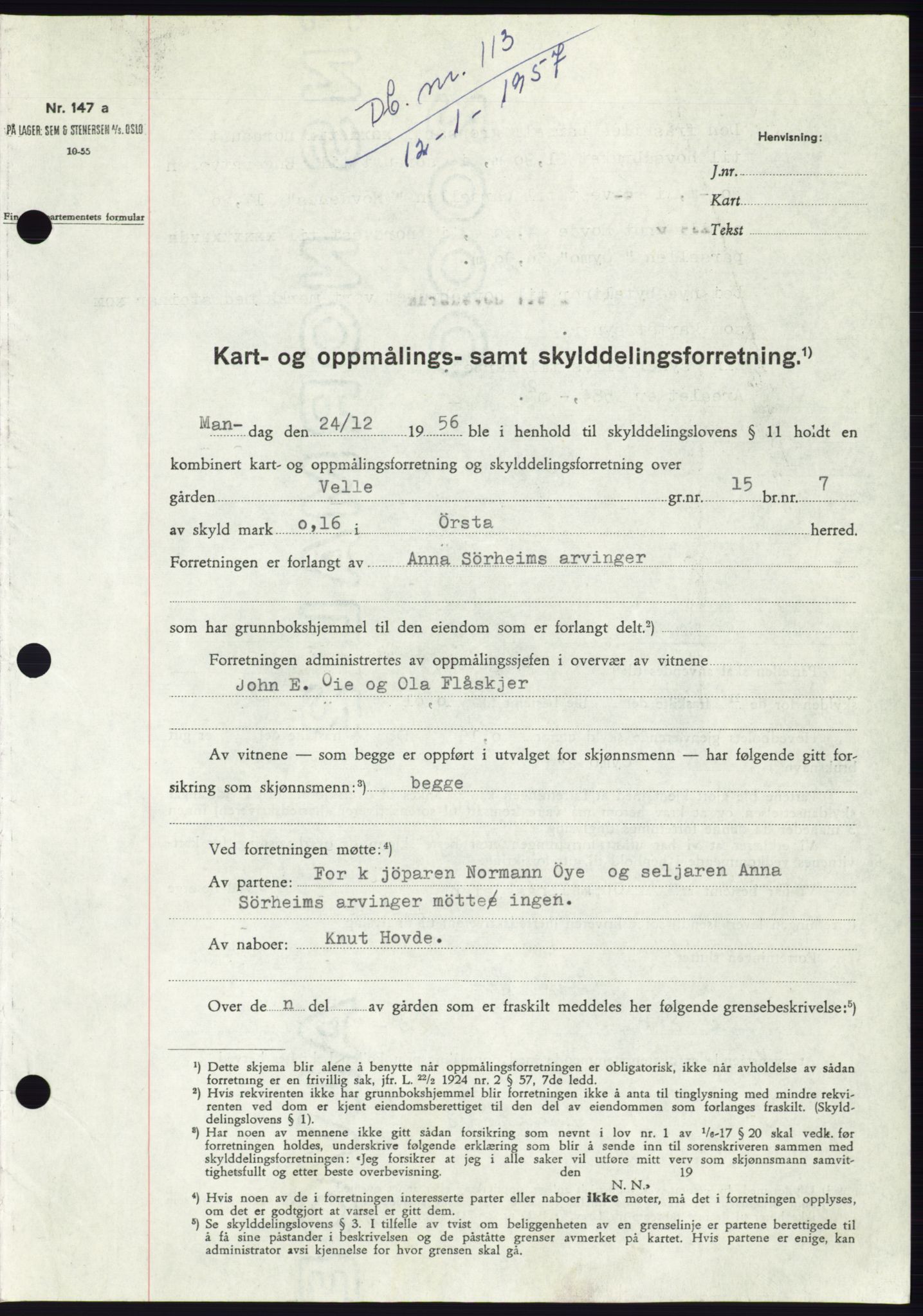 Søre Sunnmøre sorenskriveri, AV/SAT-A-4122/1/2/2C/L0105: Pantebok nr. 31A, 1956-1957, Dagboknr: 113/1957