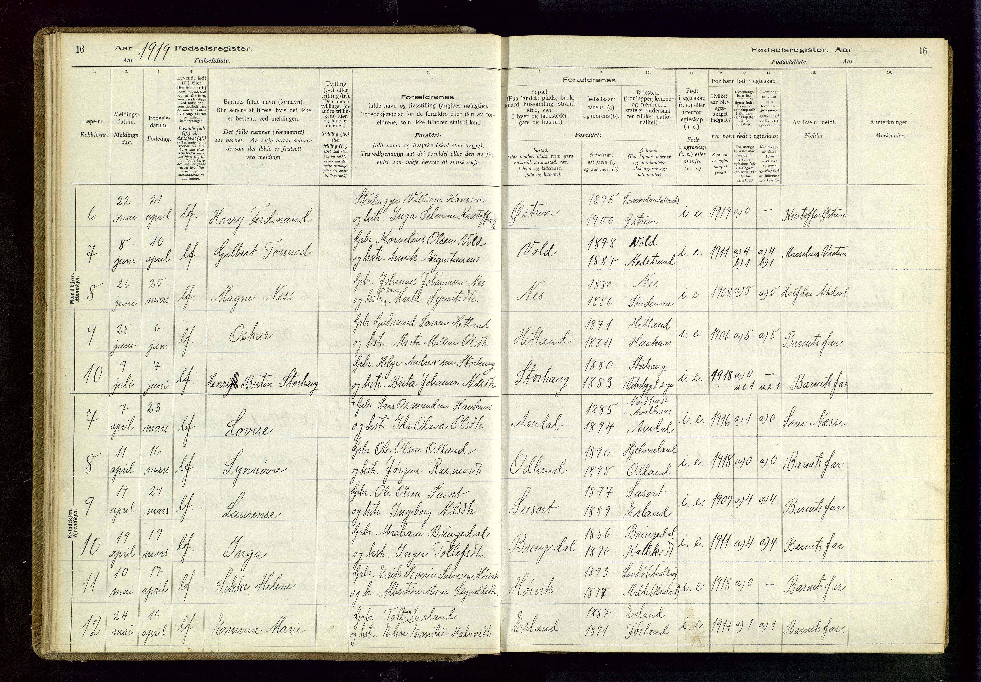 Tysvær sokneprestkontor, SAST/A -101864/I/Id/L0001: Fødselsregister nr. 1, 1916-1954, s. 16