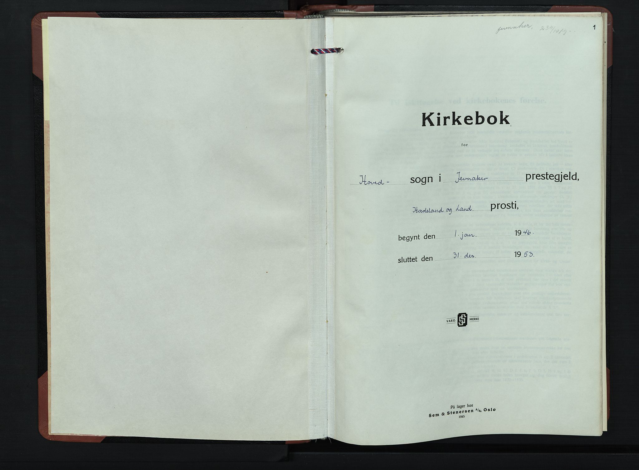Jevnaker prestekontor, SAH/PREST-116/H/Ha/Hab/L0007: Klokkerbok nr. 7, 1943-1953, s. 1