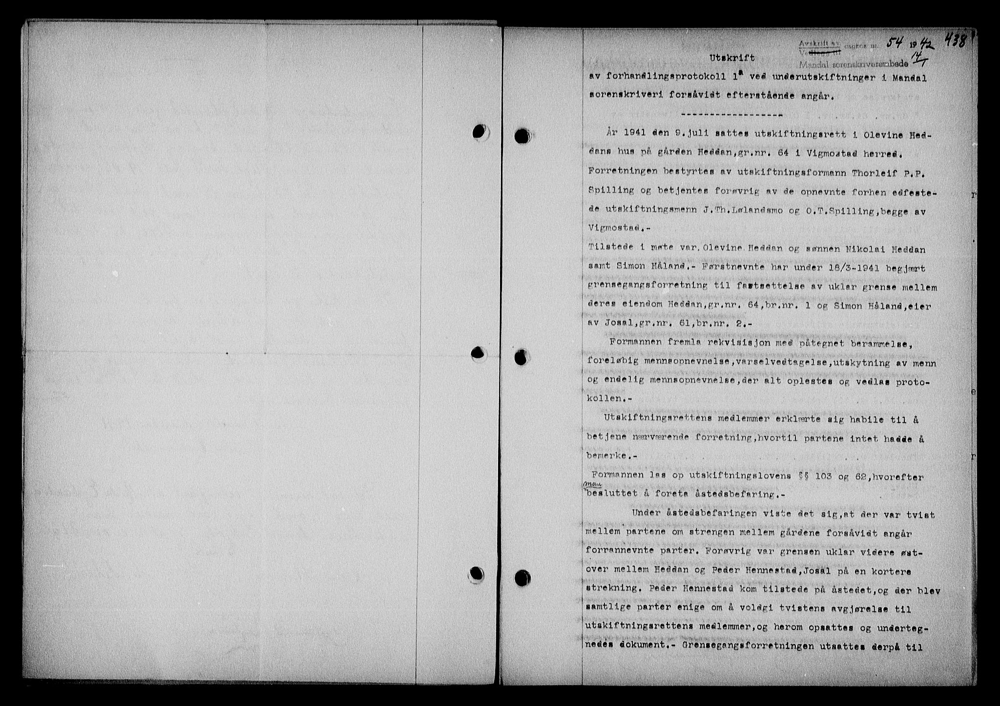 Mandal sorenskriveri, SAK/1221-0005/001/G/Gb/Gba/L0074: Pantebok nr. A-11, 1942-1943, Dagboknr: 54/1942