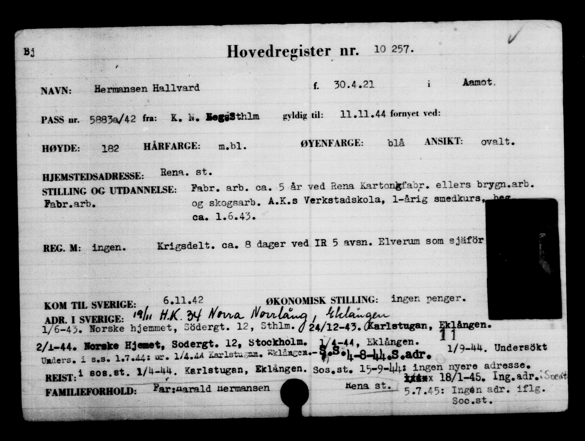 Utenriksstasjonene, Legasjonen i Stockholm, Flyktningkontoret, AV/RA-S-6753/V/Va/L0006: Kjesäterkartoteket, flyktninger med registreringsnr. 9400-12711, 1940-1945, s. 987