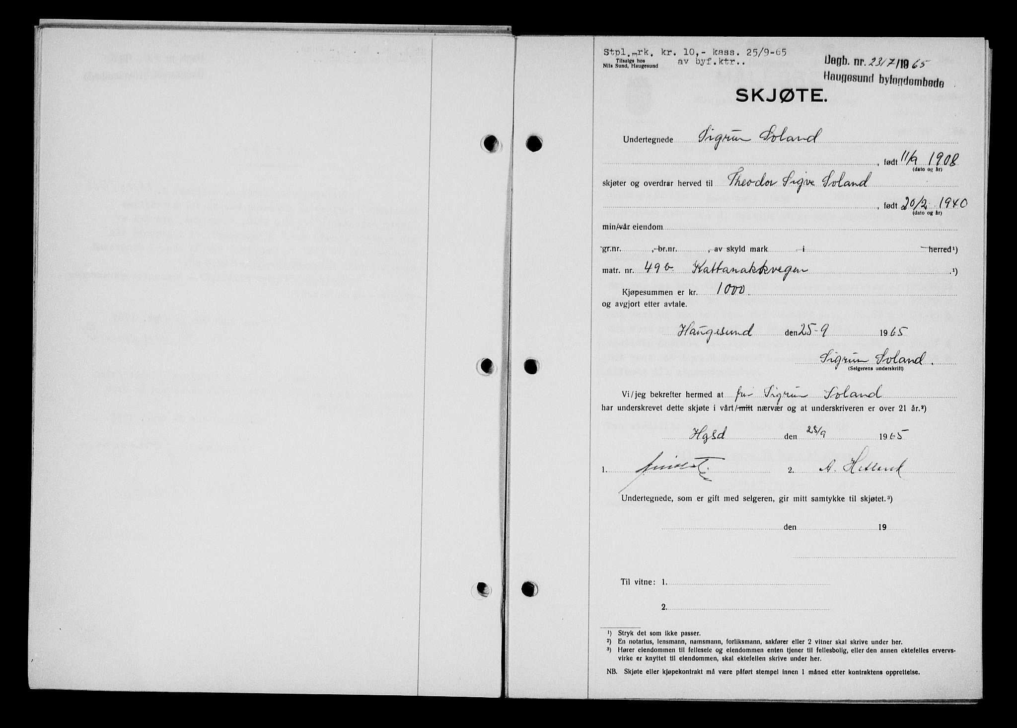 Haugesund tingrett, AV/SAST-A-101415/01/II/IIC/L0076: Pantebok nr. A 17, 1965-1966, Dagboknr: 2317/1965