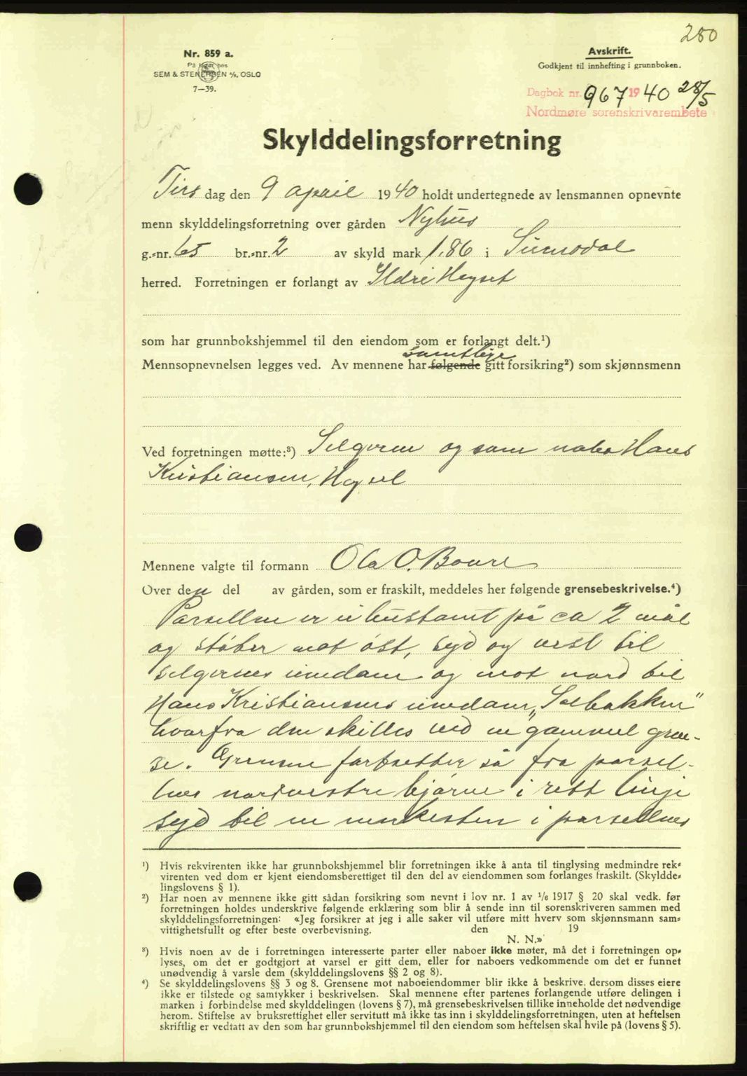 Nordmøre sorenskriveri, AV/SAT-A-4132/1/2/2Ca: Pantebok nr. A88, 1940-1940, Dagboknr: 967/1940
